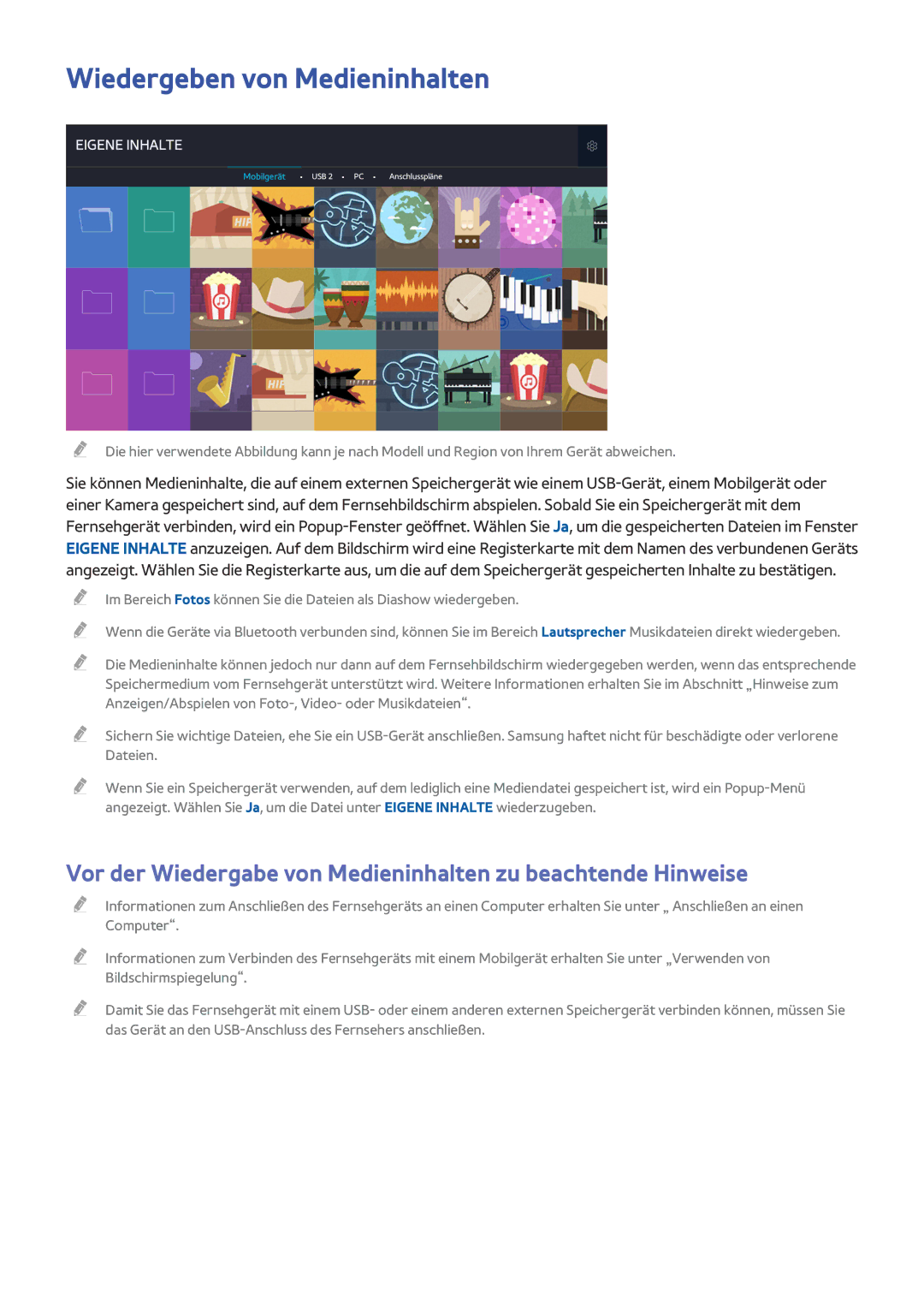 Samsung UE32LS001CUXZG manual Wiedergeben von Medieninhalten, Vor der Wiedergabe von Medieninhalten zu beachtende Hinweise 