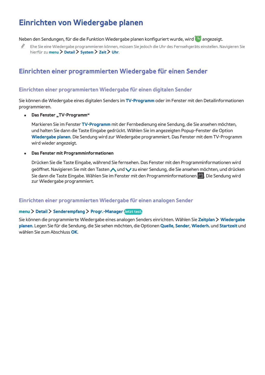 Samsung UE40LS001CUXZG manual Einrichten von Wiedergabe planen, Einrichten einer programmierten Wiedergabe für einen Sender 
