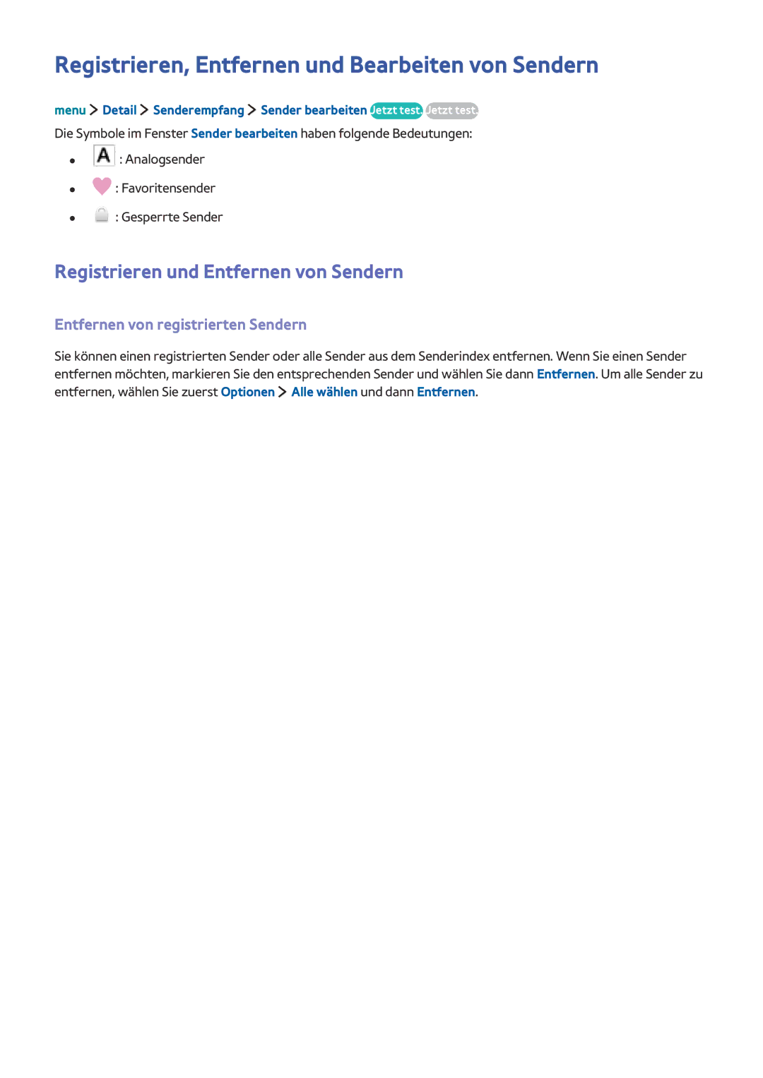 Samsung UE32LS001AUXZG manual Registrieren, Entfernen und Bearbeiten von Sendern, Registrieren und Entfernen von Sendern 