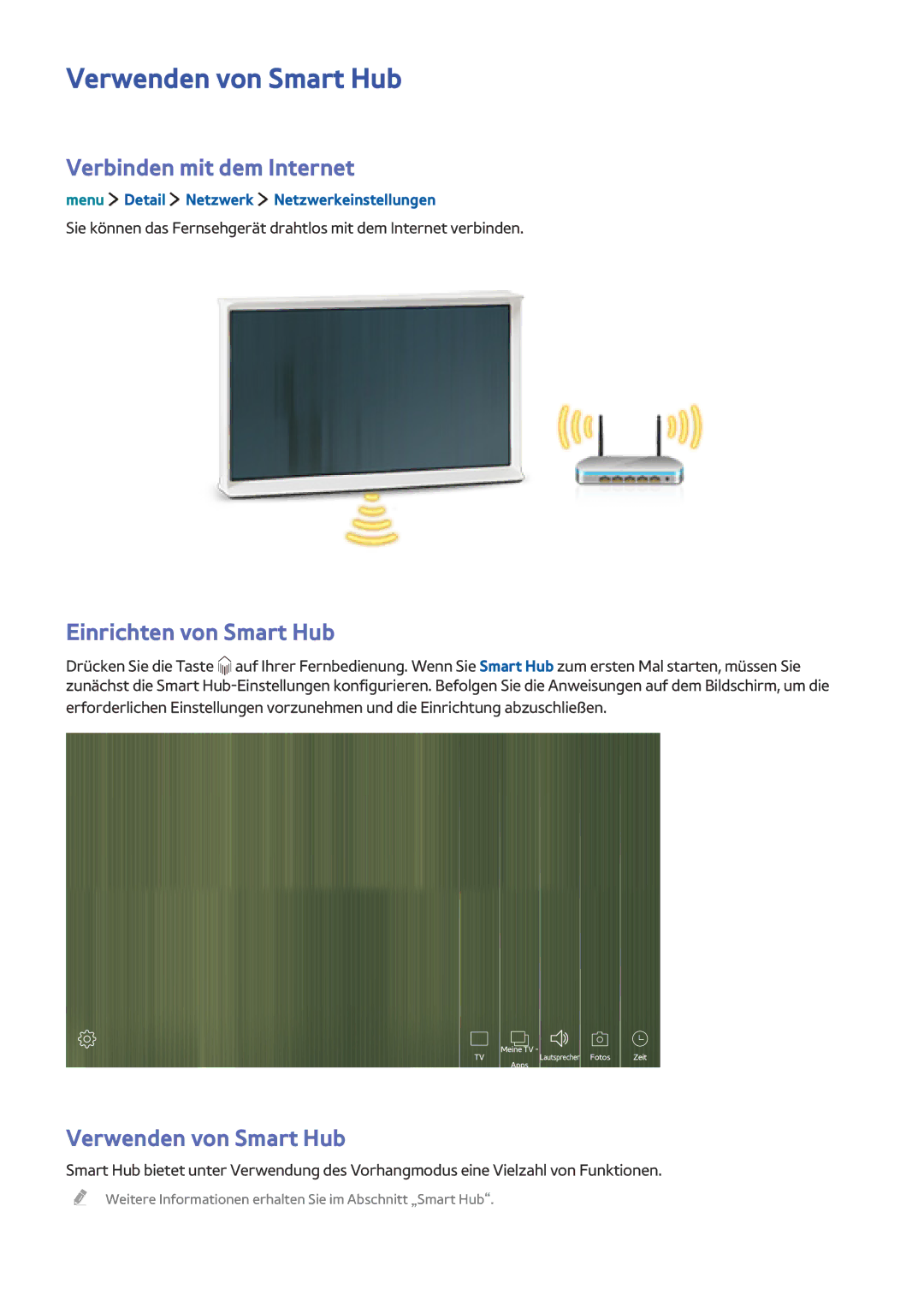 Samsung UE32LS001AUXZG, UE24LS001AUXZG manual Verwenden von Smart Hub, Verbinden mit dem Internet, Einrichten von Smart Hub 