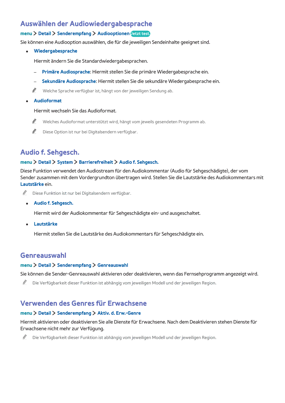 Samsung UE32LS001AUXZG, UE24LS001AUXZG manual Auswählen der Audiowiedergabesprache, Audio f. Sehgesch, Genreauswahl 