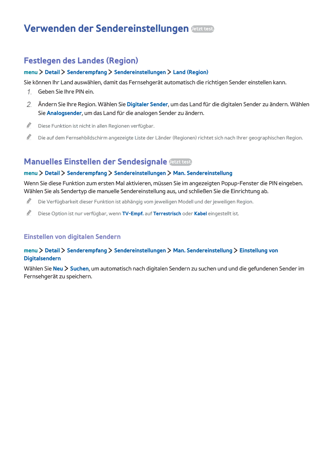 Samsung UE24LS001AUXZG, UE40LS001AUXZG manual Verwenden der Sendereinstellungen Jetzt test, Festlegen des Landes Region 