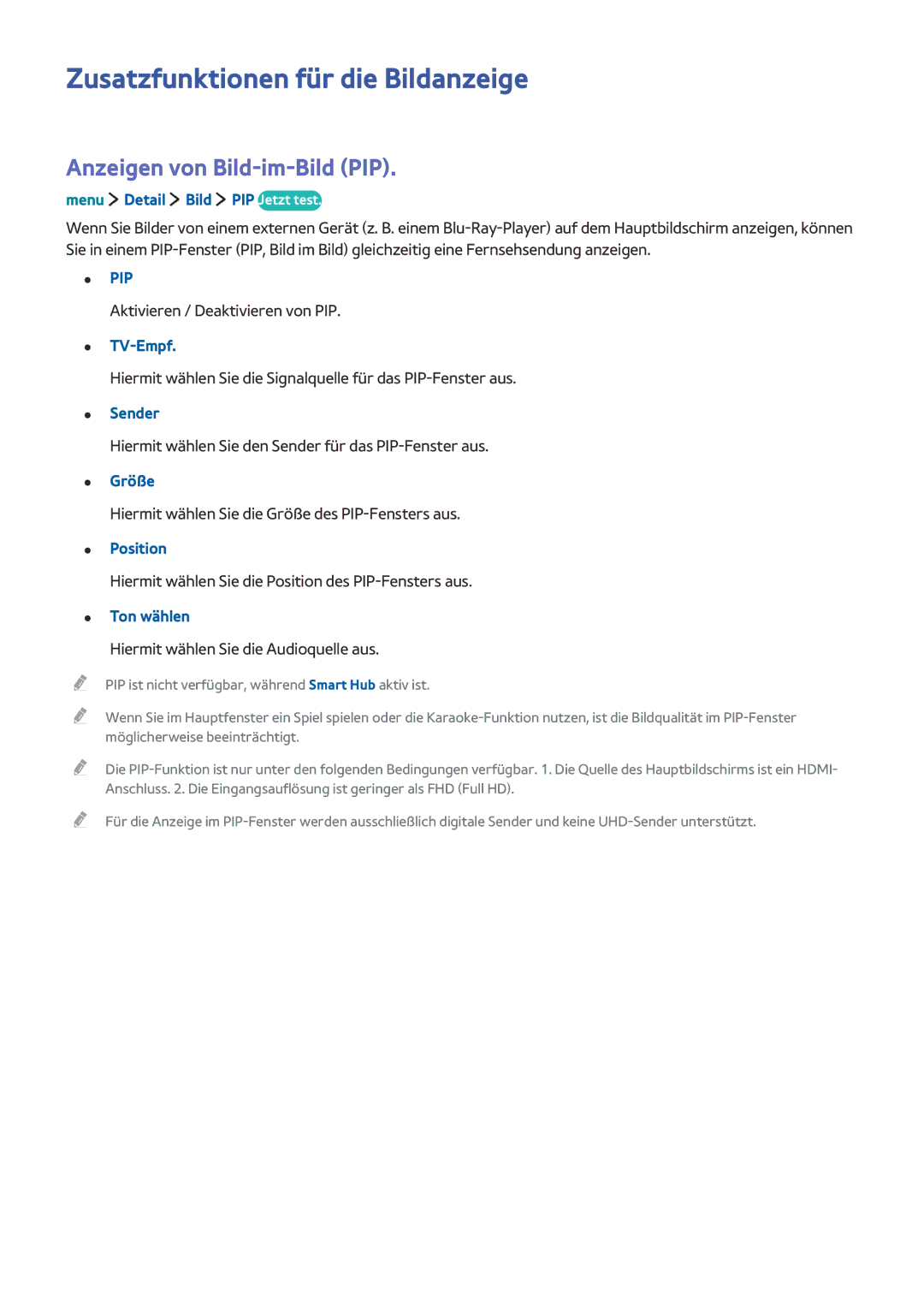 Samsung UE24LS001AUXZG, UE40LS001AUXZG, UE32LS001FUXZG Zusatzfunktionen für die Bildanzeige, Anzeigen von Bild-im-Bild PIP 