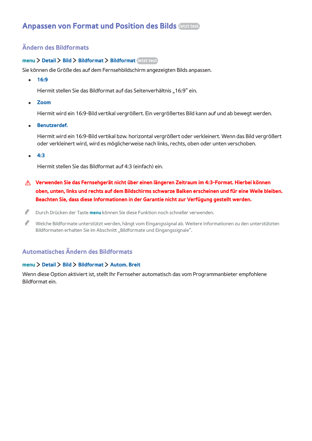 Samsung UE40LS001AUXZG, UE24LS001AUXZG manual Anpassen von Format und Position des Bilds Jetzt test, Ändern des Bildformats 