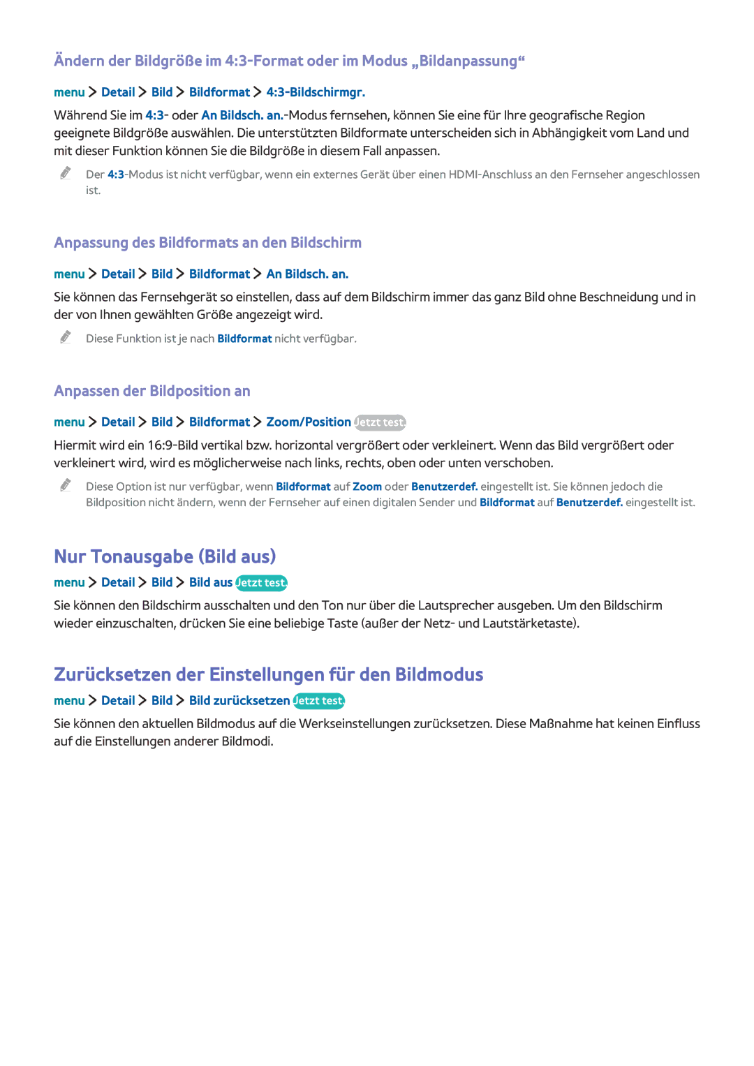 Samsung UE32LS001FUXZG, UE24LS001AUXZG manual Nur Tonausgabe Bild aus, Zurücksetzen der Einstellungen für den Bildmodus 