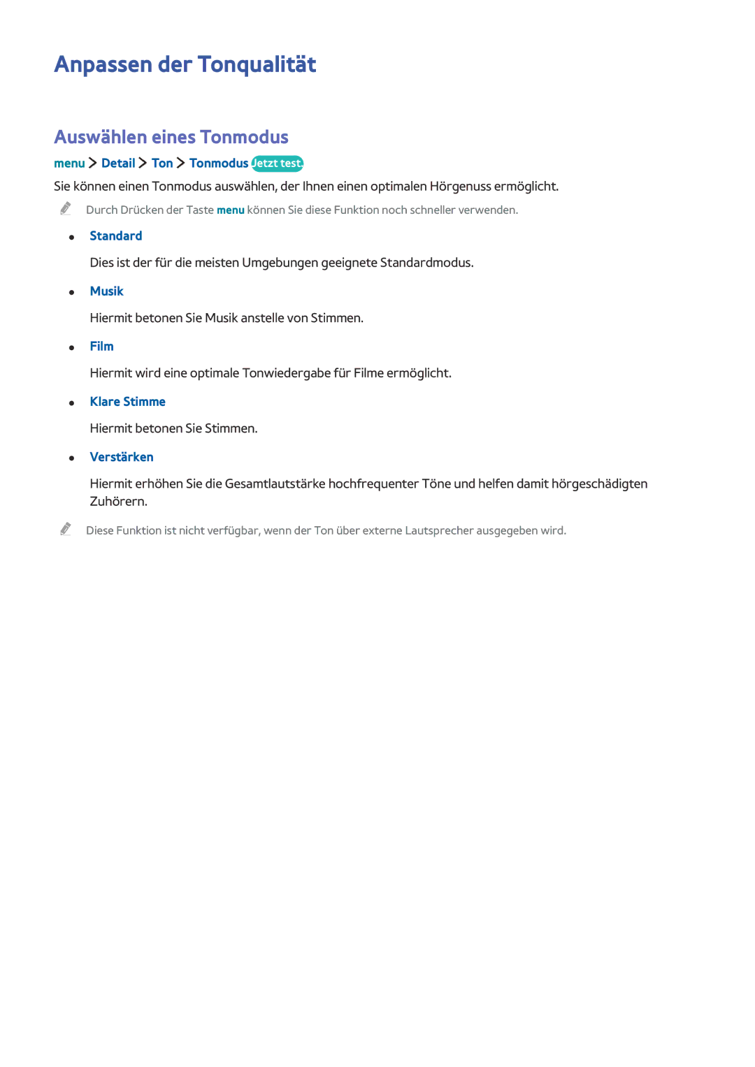Samsung UE40LS001CUXZG, UE24LS001AUXZG, UE40LS001AUXZG, UE32LS001FUXZG Anpassen der Tonqualität, Auswählen eines Tonmodus 