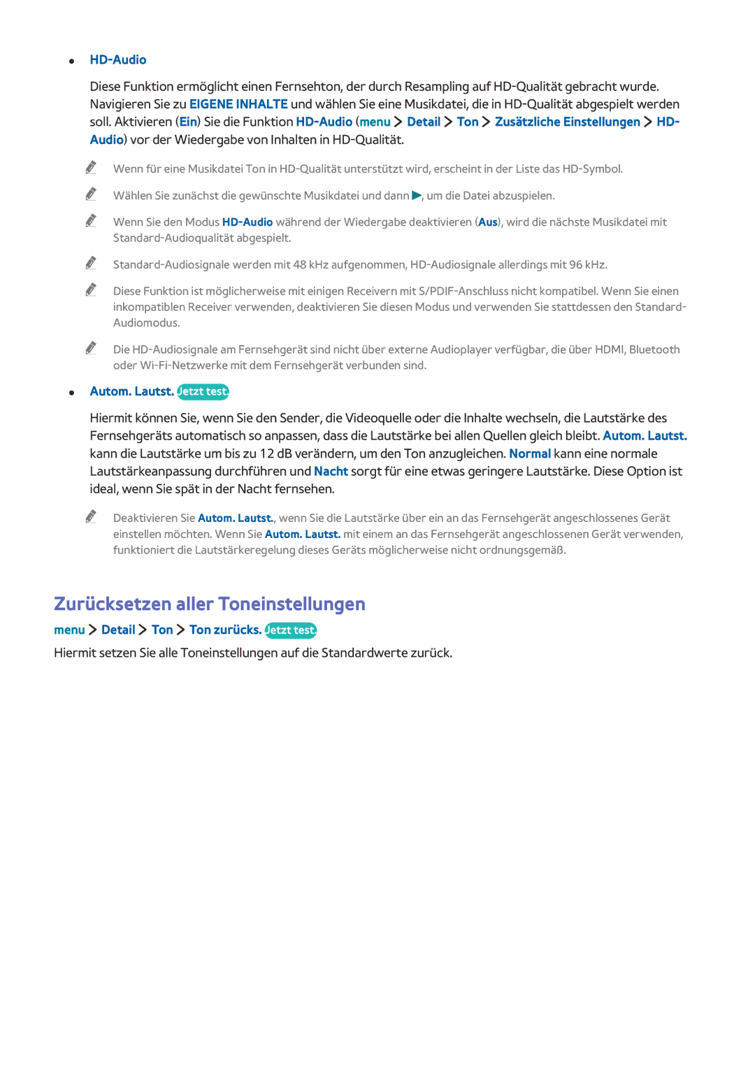 Samsung UE24LS001AUXZG, UE40LS001AUXZG manual Zurücksetzen aller Toneinstellungen, HD-Audio, Autom. Lautst. Jetzt test 