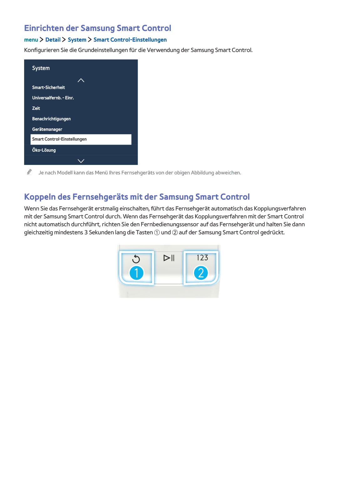 Samsung UE40LS001AUXZG manual Einrichten der Samsung Smart Control, Koppeln des Fernsehgeräts mit der Samsung Smart Control 