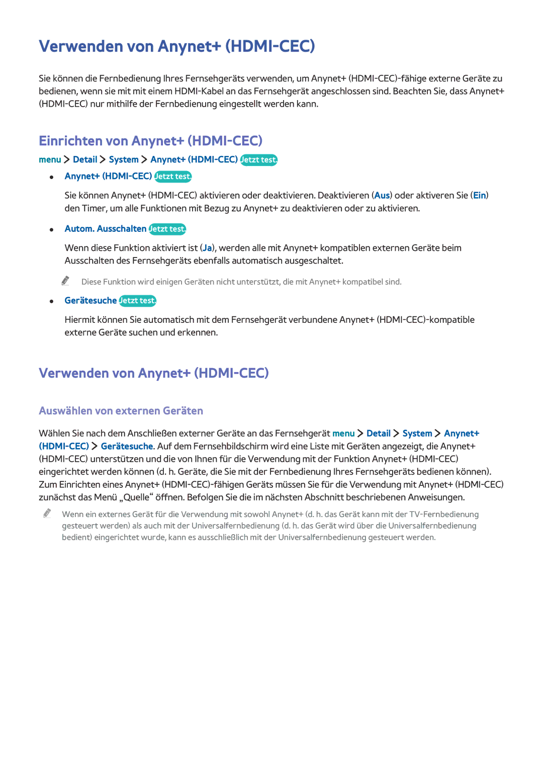 Samsung UE32LS001CUXZG Verwenden von Anynet+ HDMI-CEC, Einrichten von Anynet+ HDMI-CEC, Auswählen von externen Geräten 