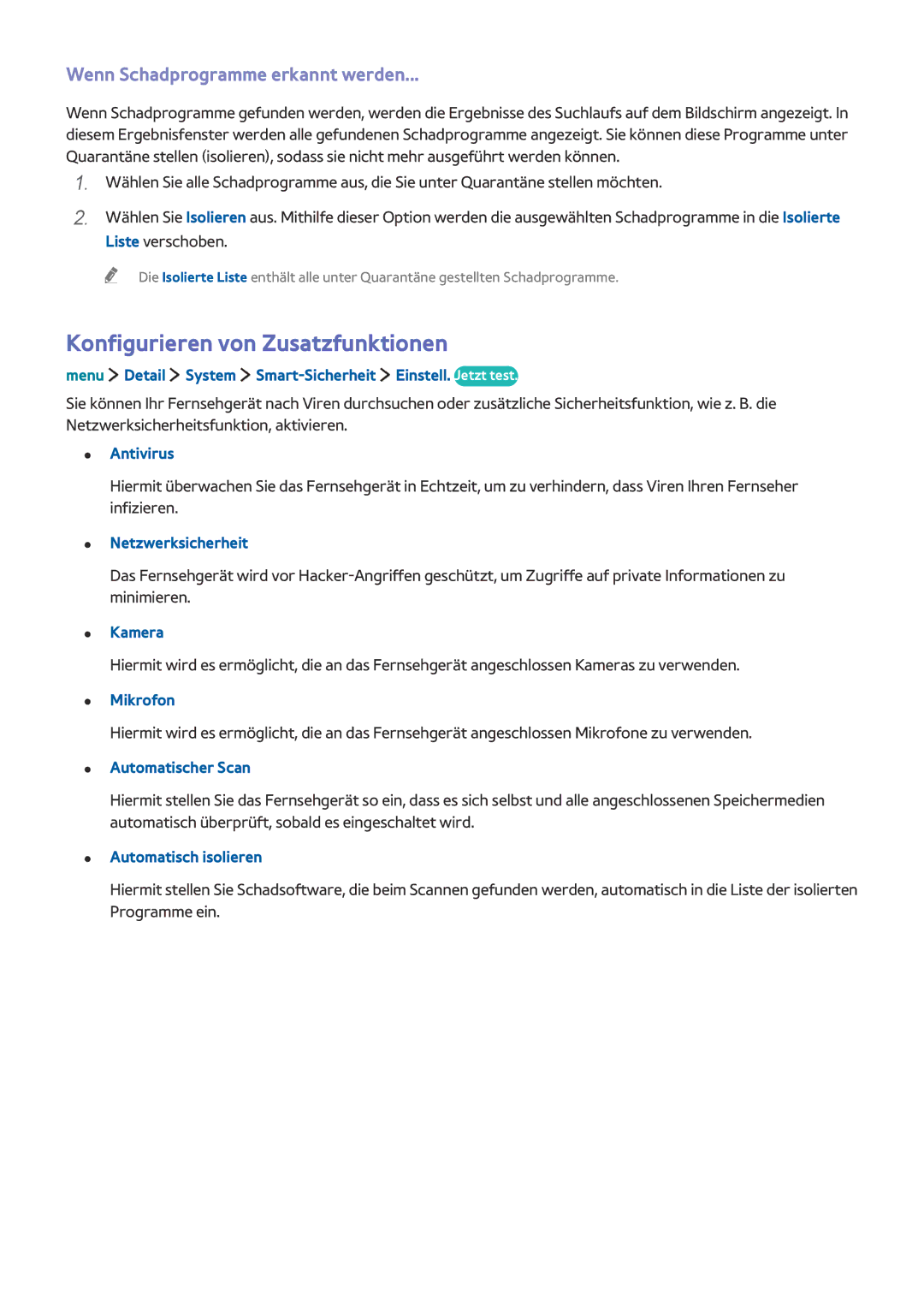 Samsung UE32LS001FUXZG, UE24LS001AUXZG manual Konfigurieren von Zusatzfunktionen, Wenn Schadprogramme erkannt werden 