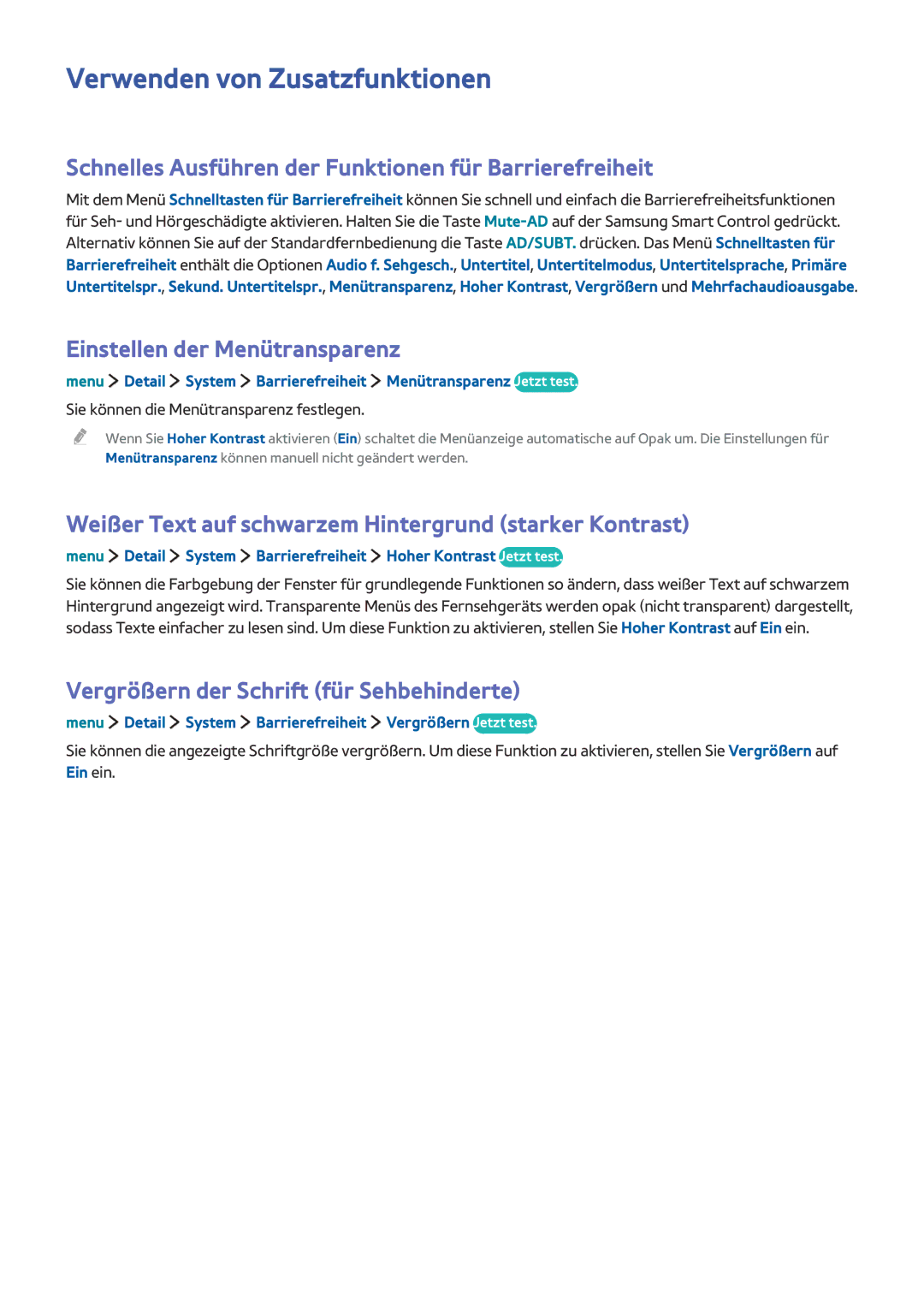 Samsung UE40LS001CUXZG manual Verwenden von Zusatzfunktionen, Schnelles Ausführen der Funktionen für Barrierefreiheit 