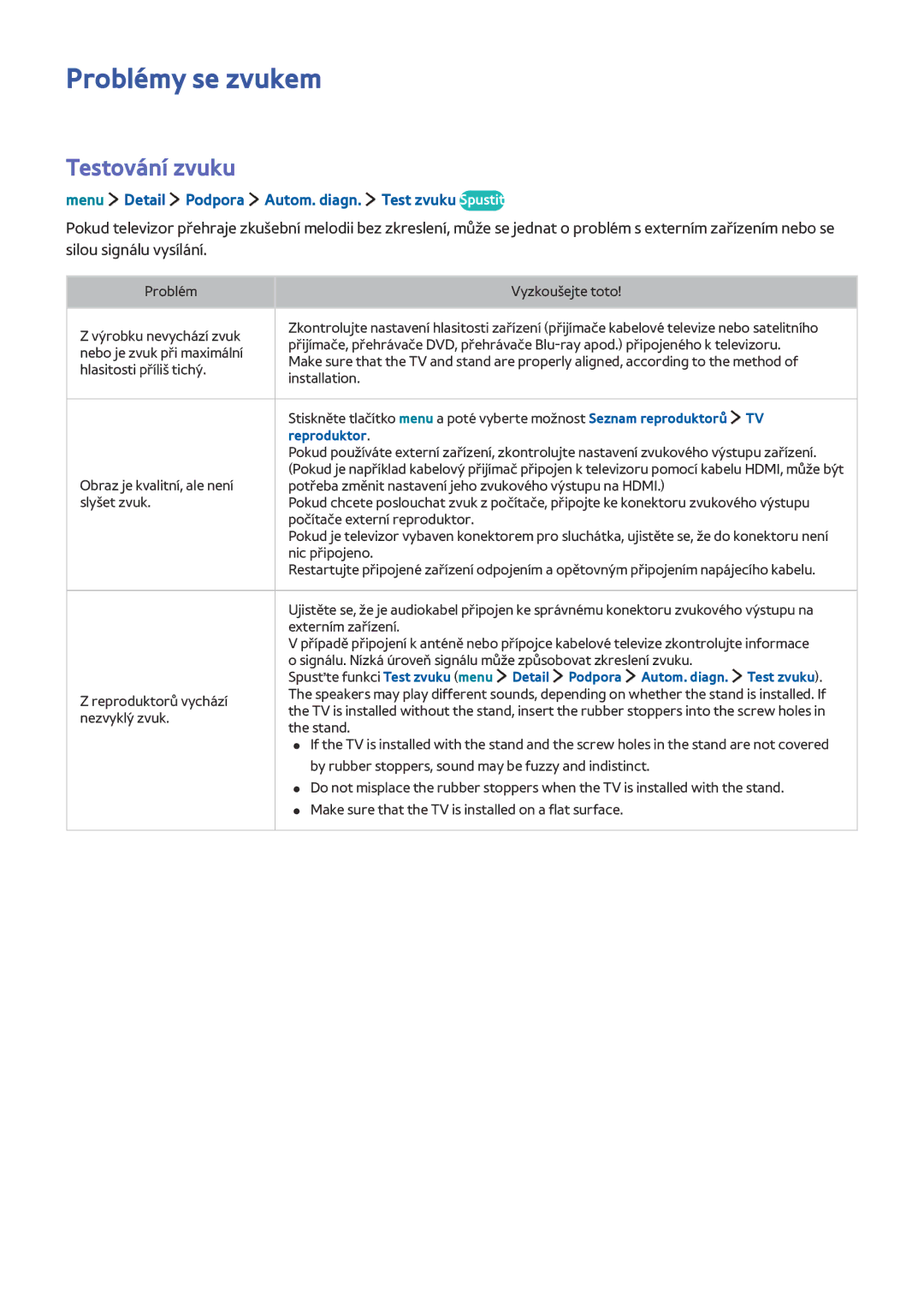 Samsung UE32LS001FUXXE manual Problémy se zvukem, Testování zvuku, Menu Detail Podpora Autom. diagn. Test zvuku Spustit 