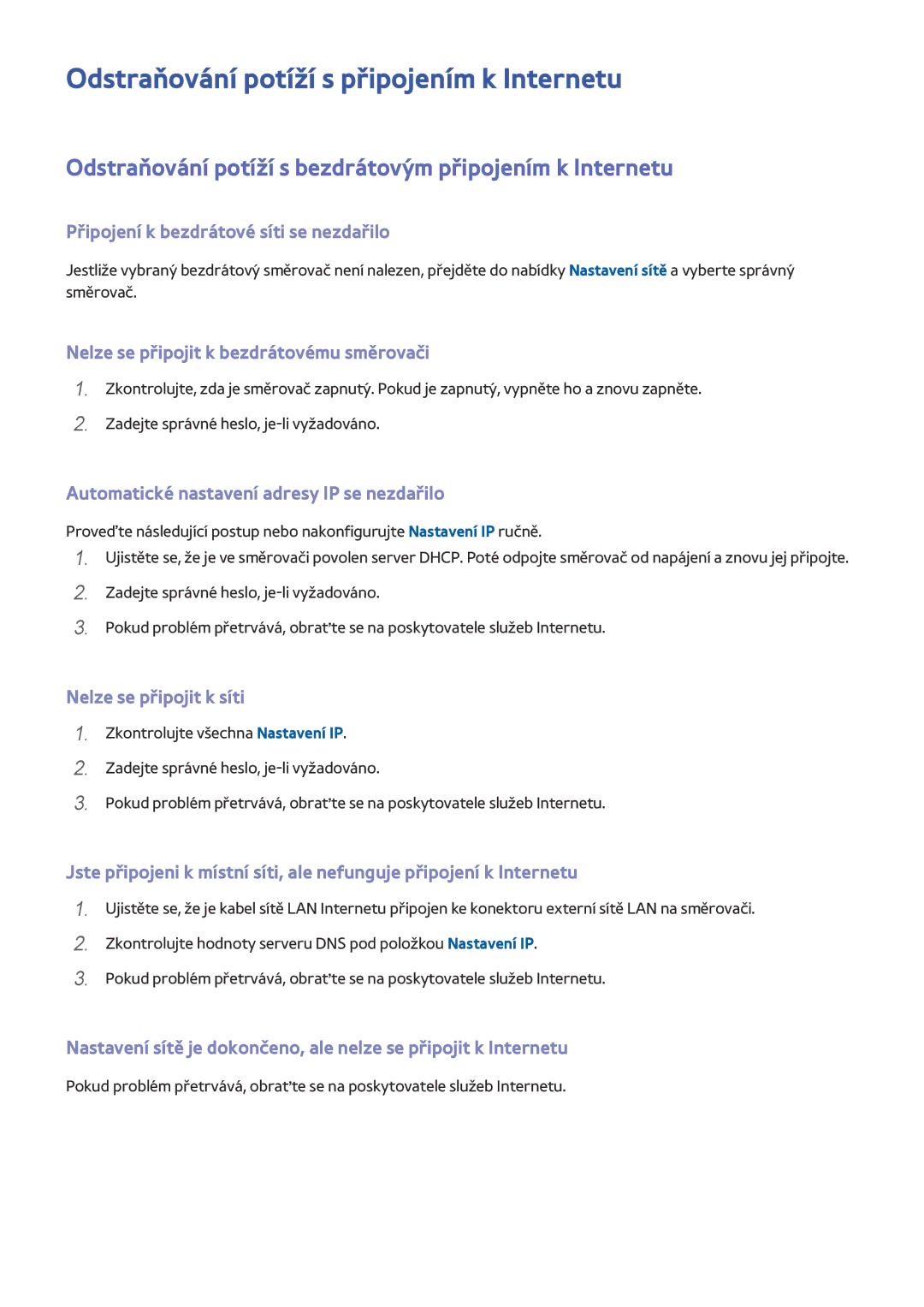 Samsung UE24LS001BUXZF, UE24LS001AUXZG, UE40LS001AUXZG, UE32LS001FUXZG manual Odstraňování potíží s připojením k Internetu 