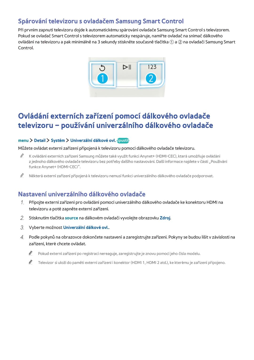 Samsung UE40LS001AUXXC Nastavení univerzálního dálkového ovladače, Menu Detail Systém Univerzální dálkové ovl. Spustit 