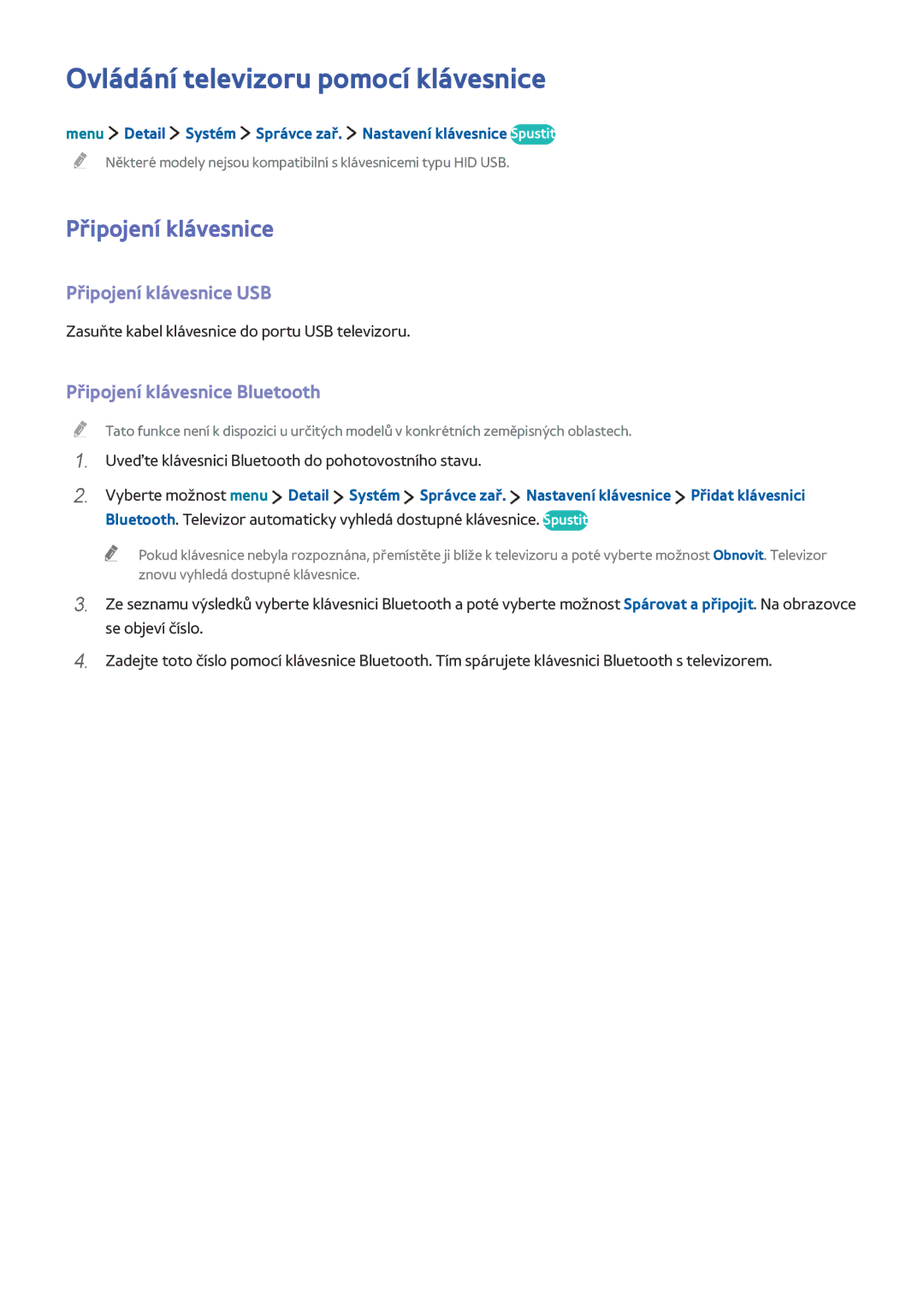 Samsung UE24LS001BUXXC Ovládání televizoru pomocí klávesnice, Připojení klávesnice USB, Připojení klávesnice Bluetooth 
