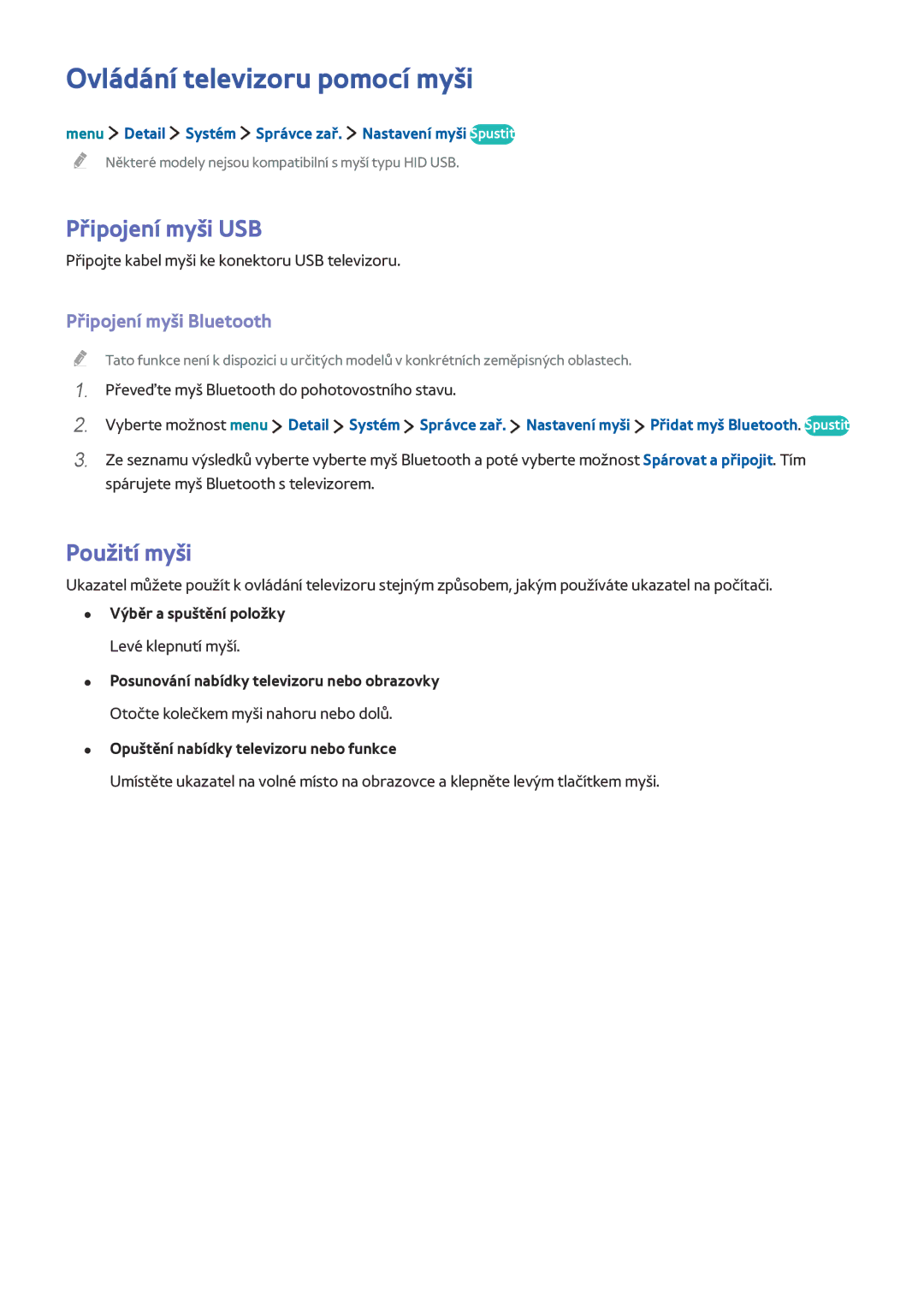 Samsung UE32LS001BUXXE manual Ovládání televizoru pomocí myši, Připojení myši USB, Použití myši, Připojení myši Bluetooth 