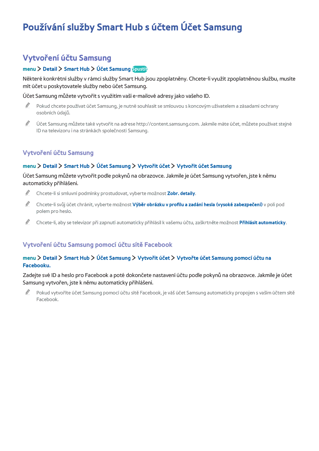 Samsung UE32LS001CUXXE, UE24LS001AUXZG manual Používání služby Smart Hub s účtem Účet Samsung, Vytvoření účtu Samsung 