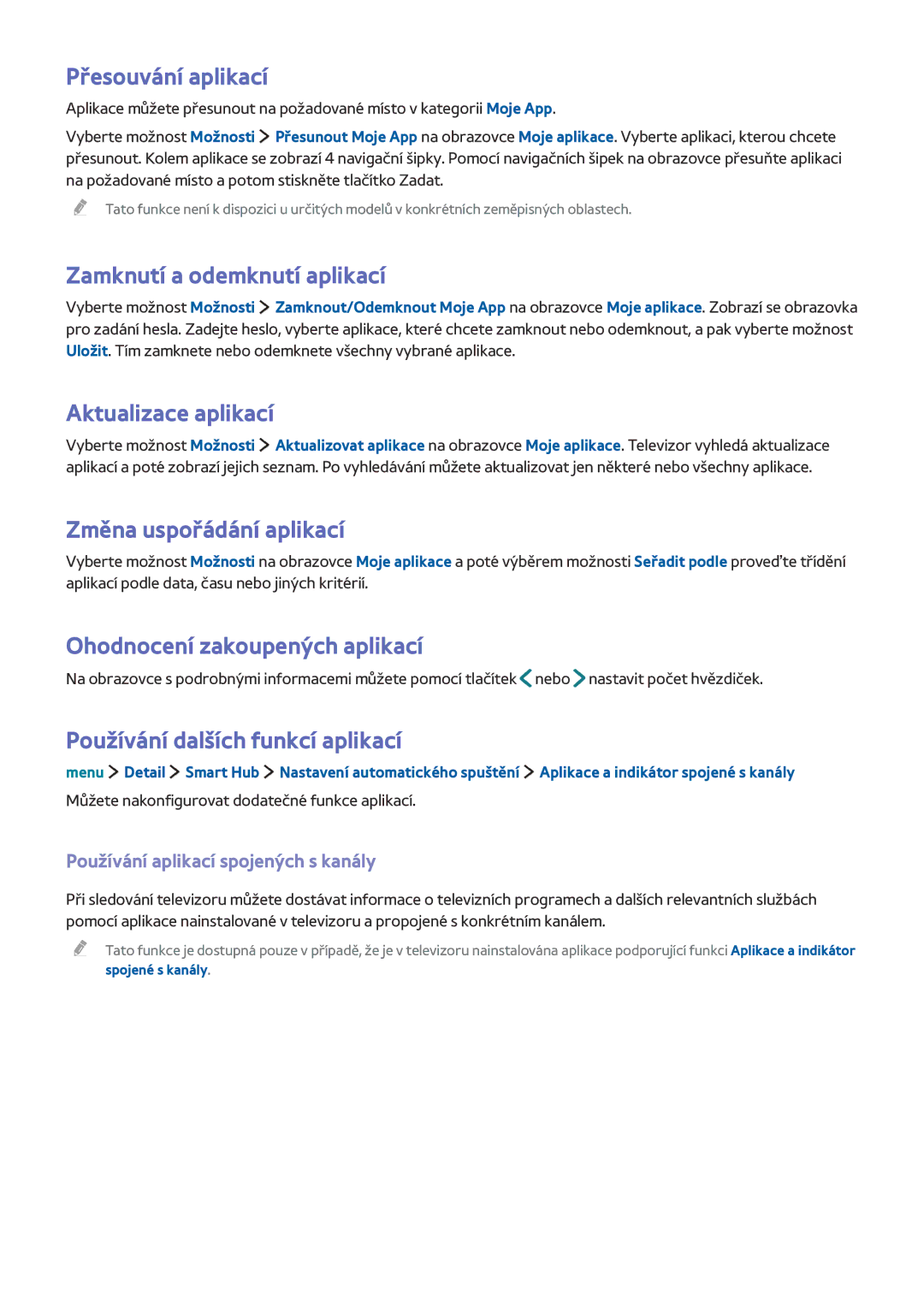 Samsung UE32LS001ASXXN Přesouvání aplikací, Zamknutí a odemknutí aplikací, Aktualizace aplikací, Změna uspořádání aplikací 