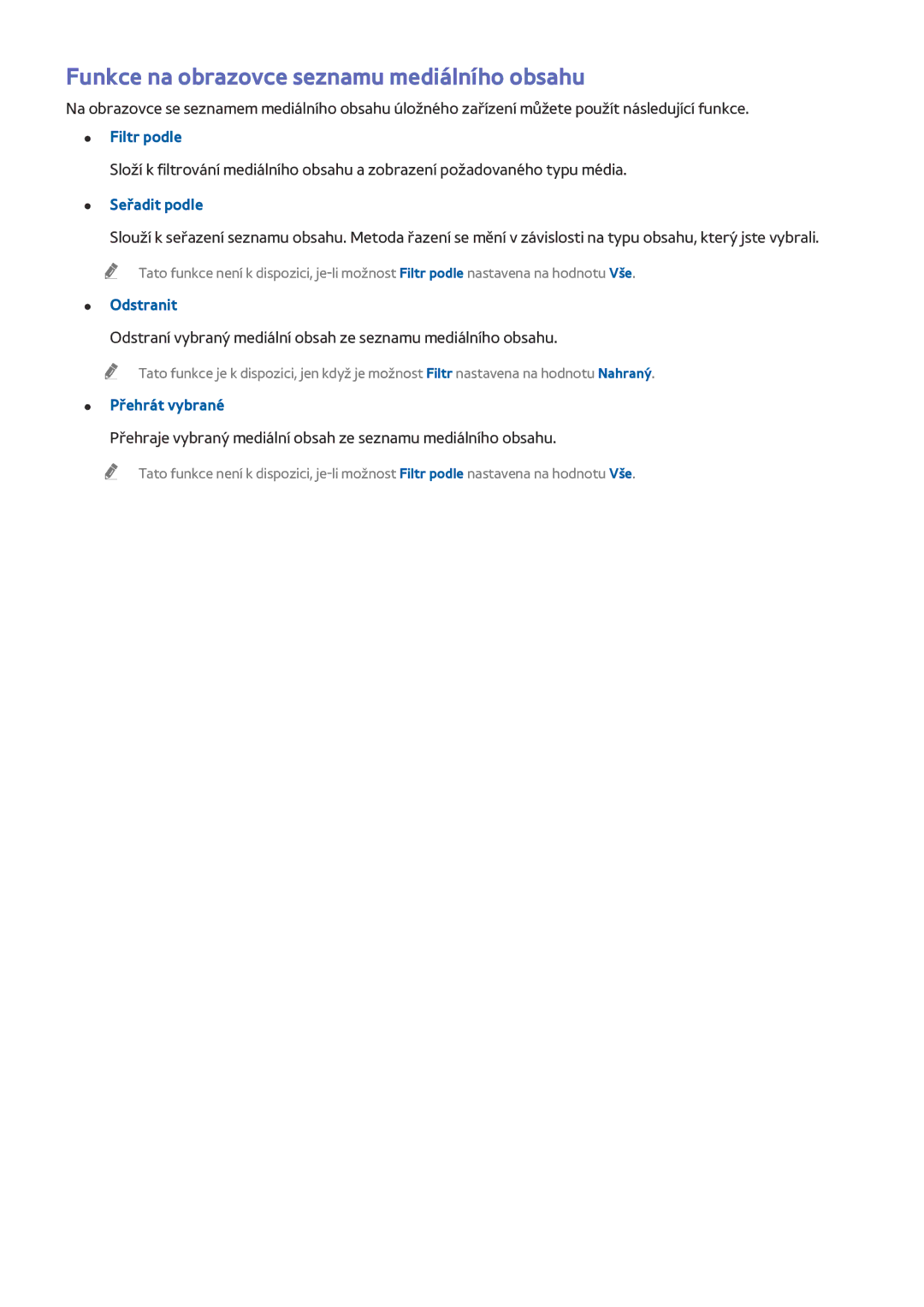 Samsung UE40LS001ASXXN manual Funkce na obrazovce seznamu mediálního obsahu, Filtr podle, Seřadit podle, Odstranit 