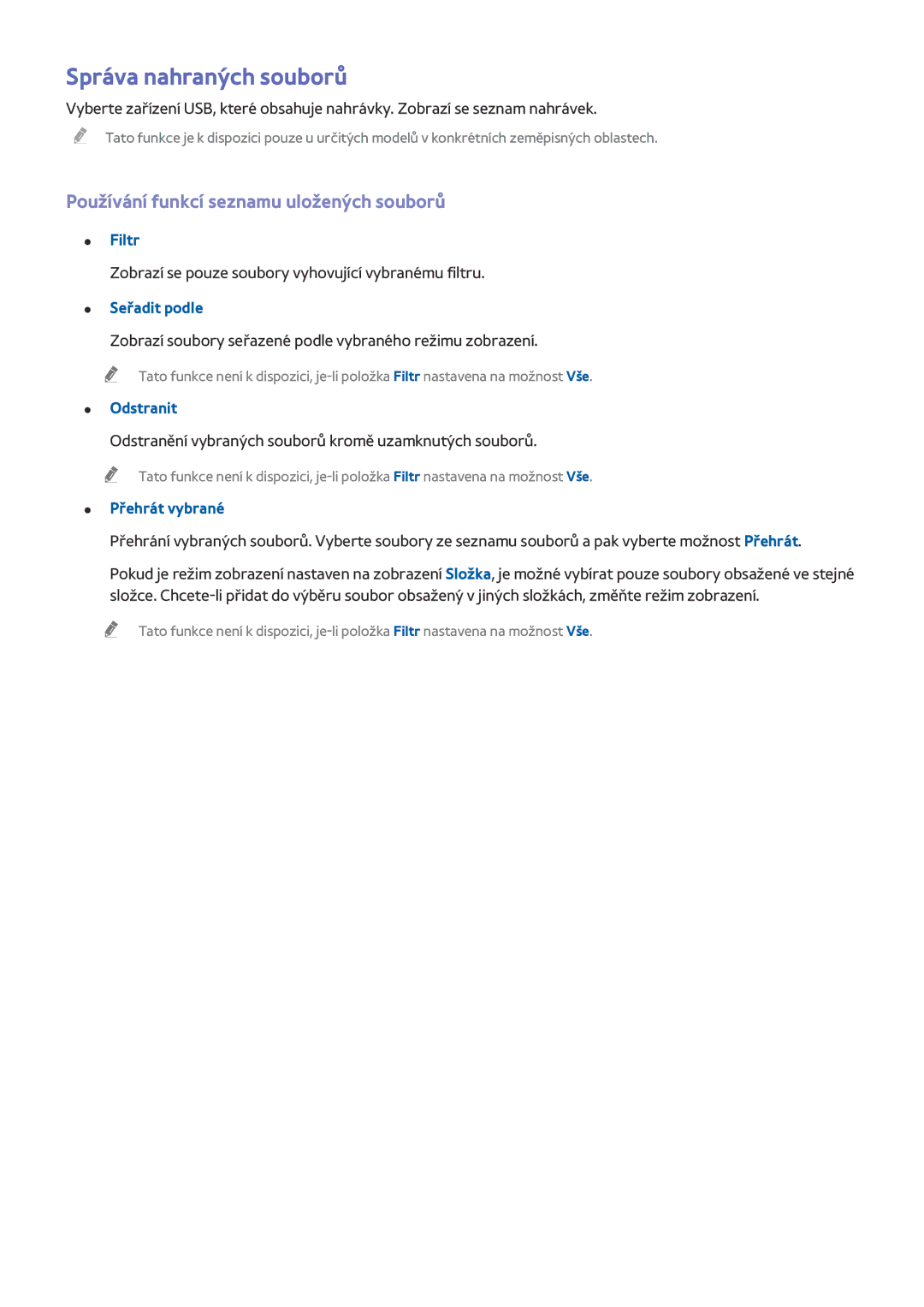 Samsung UE32LS001AUXXU, UE24LS001AUXZG manual Správa nahraných souborů, Používání funkcí seznamu uložených souborů, Filtr 