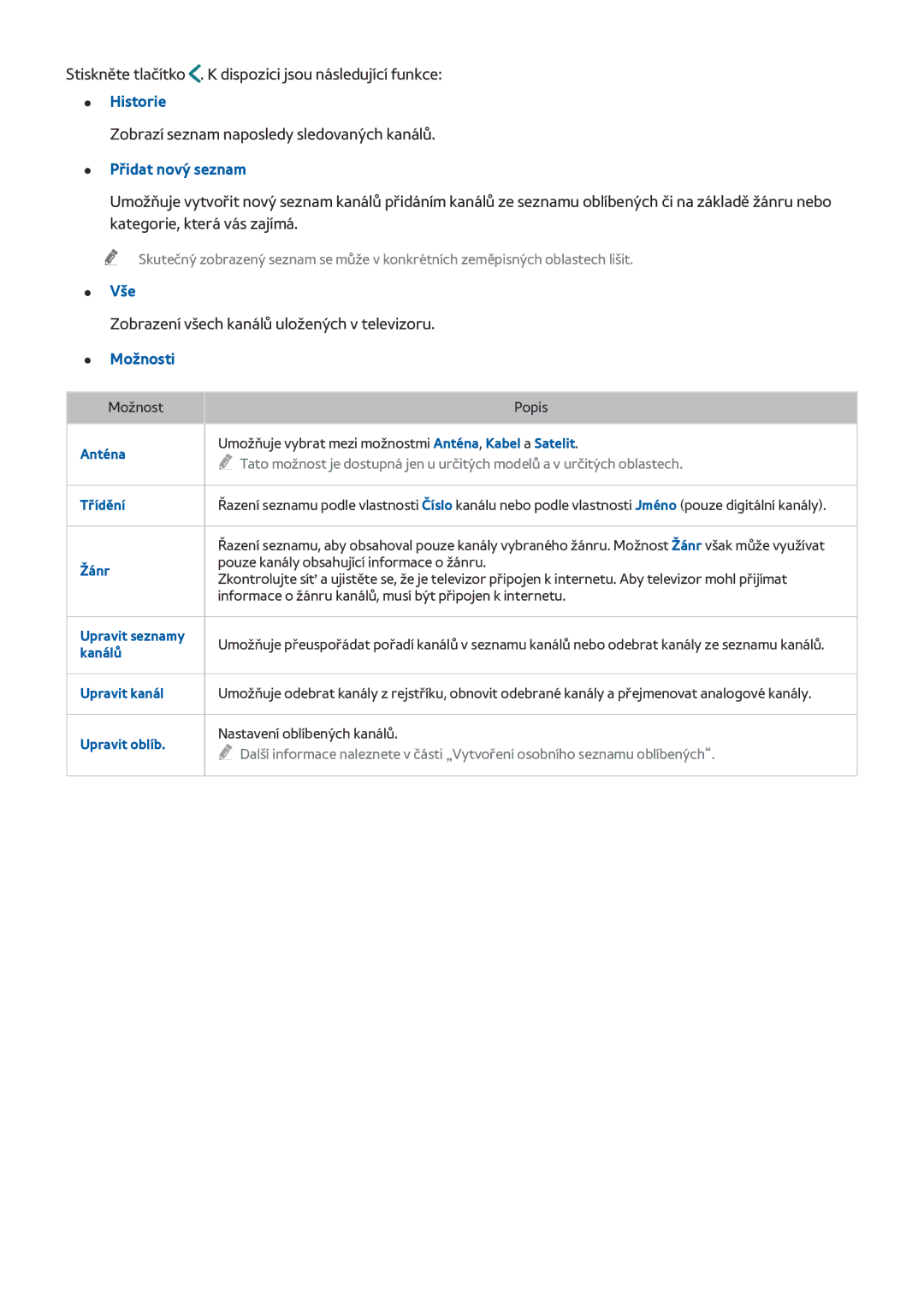 Samsung UE40LS001CUXZG manual Stiskněte tlačítko . K dispozici jsou následující funkce, Historie, Přidat nový seznam 