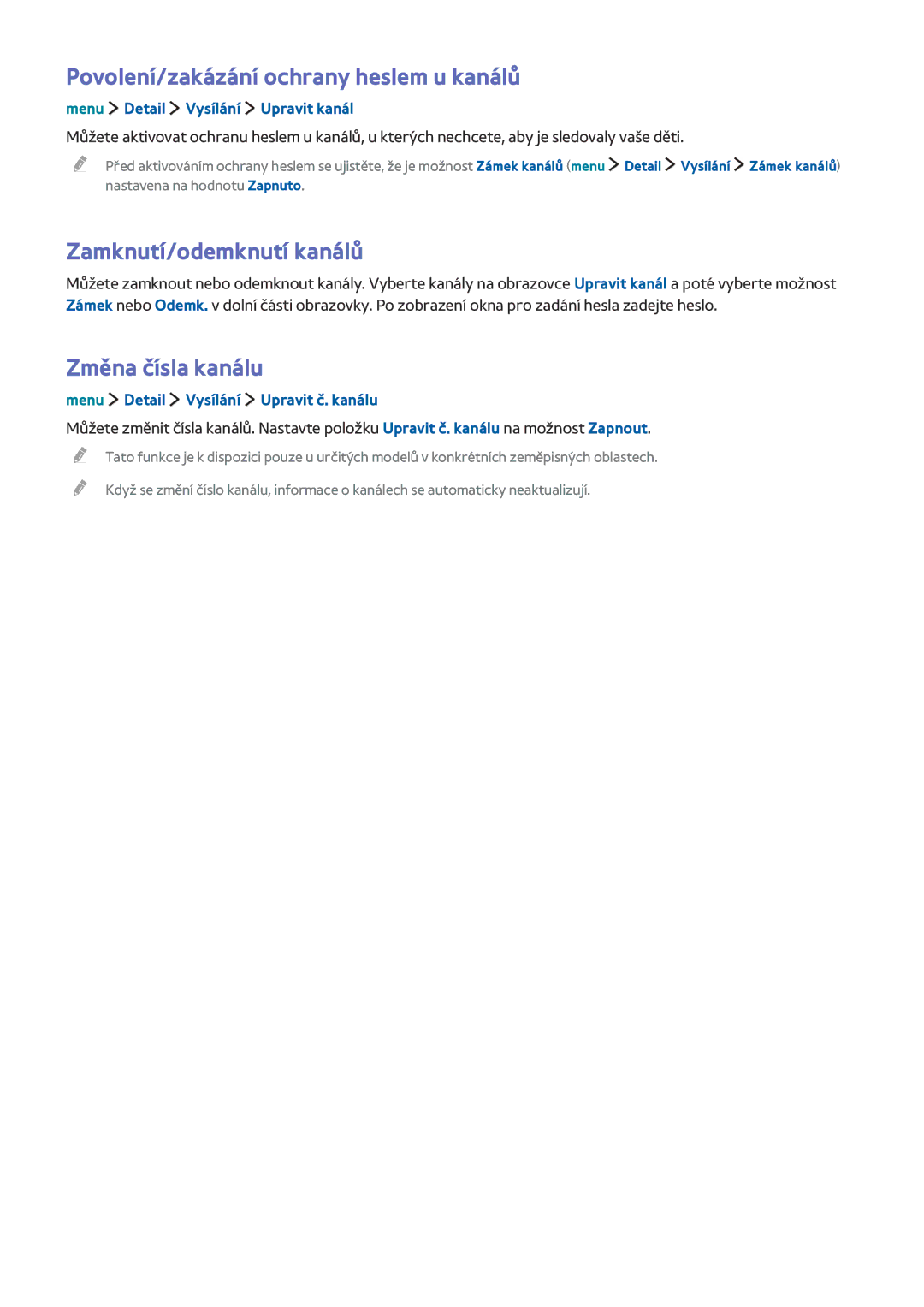 Samsung UE32LS001CUXZG manual Povolení/zakázání ochrany heslem u kanálů, Zamknutí/odemknutí kanálů, Změna čísla kanálu 