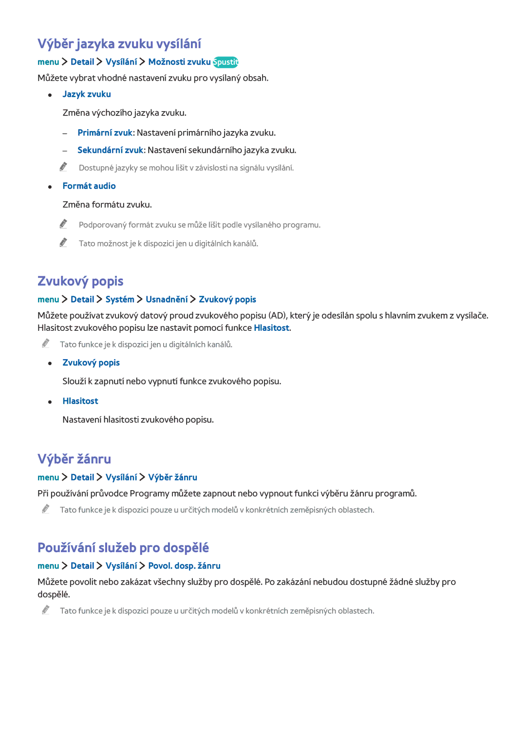 Samsung UE24LS001AUXZF manual Výběr jazyka zvuku vysílání, Zvukový popis, Výběr žánru, Používání služeb pro dospělé 