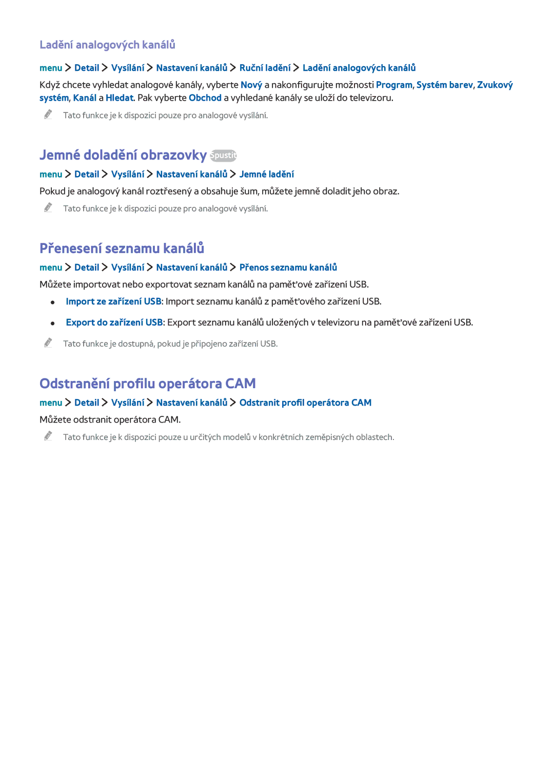 Samsung UE24LS001BUXZF manual Jemné doladění obrazovky Spustit, Přenesení seznamu kanálů, Odstranění profilu operátora CAM 