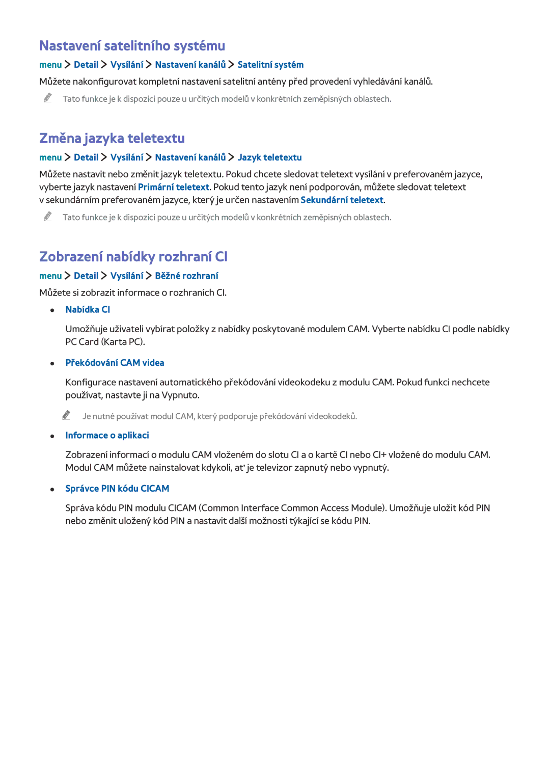 Samsung UE32LS001FUXZF manual Nastavení satelitního systému, Změna jazyka teletextu, Zobrazení nabídky rozhraní CI 