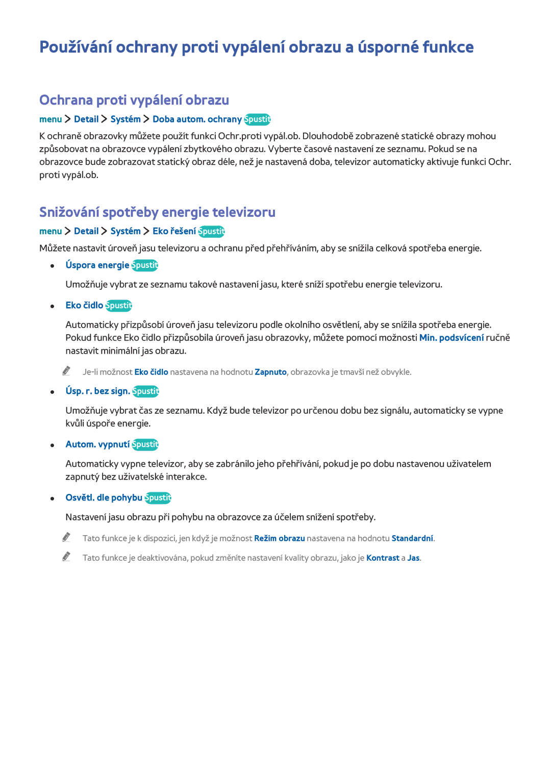 Samsung UE32LS001DUXXE manual Používání ochrany proti vypálení obrazu a úsporné funkce, Ochrana proti vypálení obrazu 