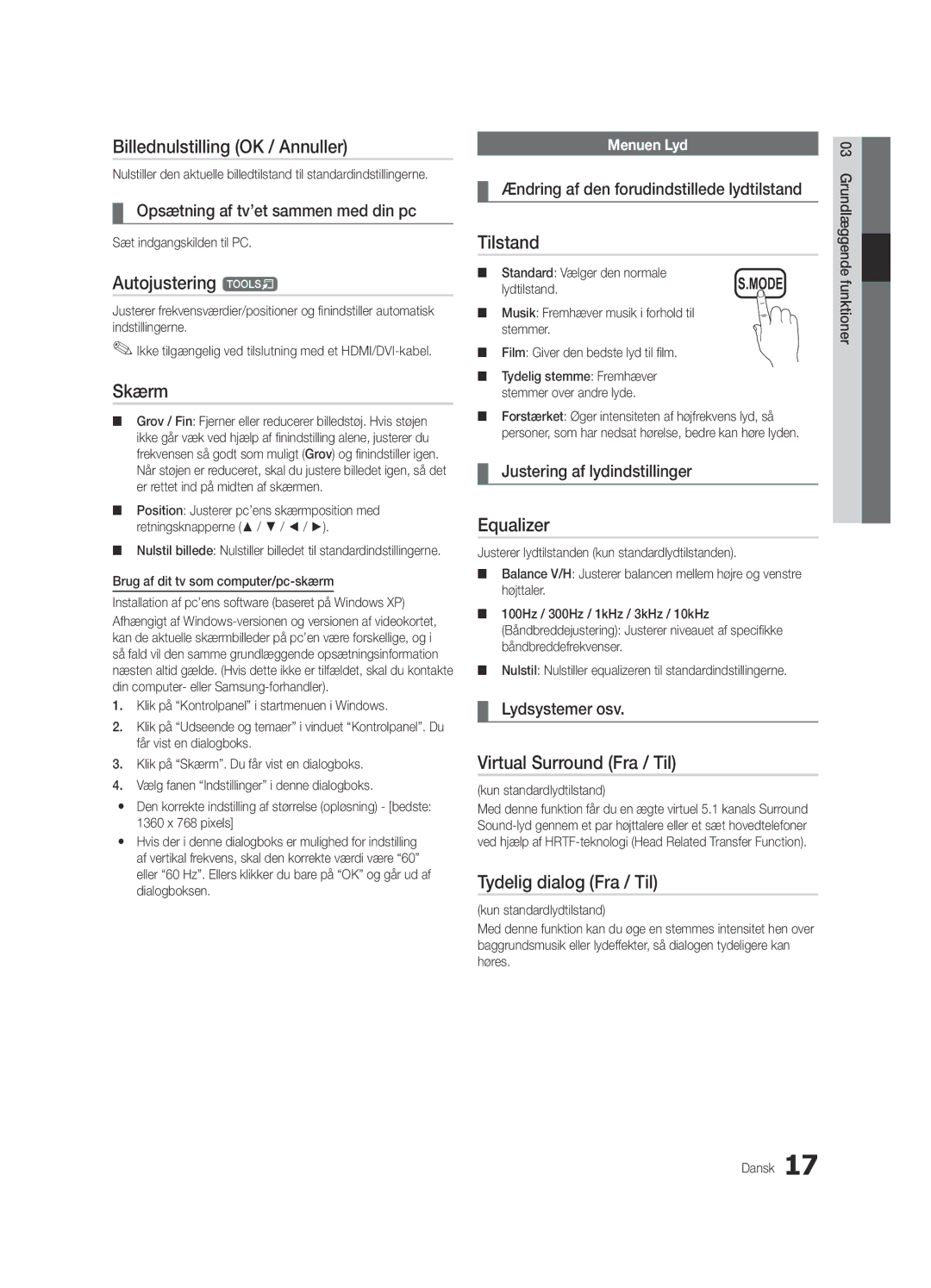 Samsung UE22C4010PWXZG manual Billednulstilling OK / Annuller, Skærm, Virtual Surround Fra / Til, Tydelig dialog Fra / Til 