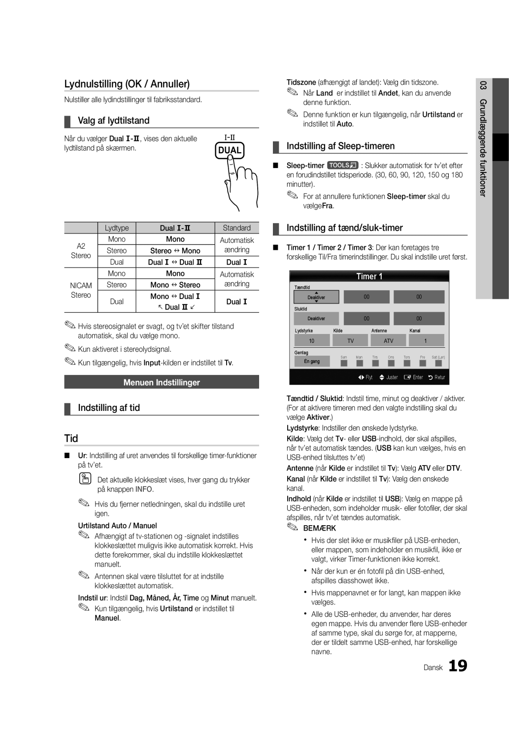 Samsung UE22C4000PWXXH, UE26C4000PWXZG manual Lydnulstilling OK / Annuller, Indstilling af tid, Indstilling af Sleep-timeren 