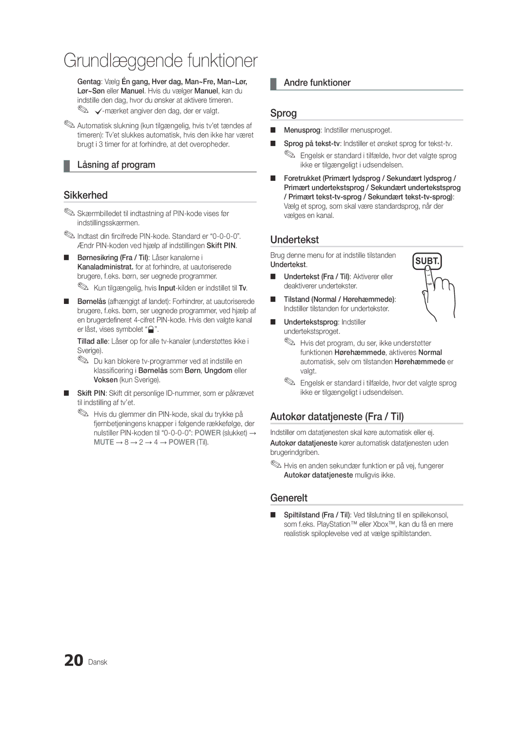 Samsung UE26C4000PWXXH, UE26C4000PWXZG manual Sikkerhed, Sprog, Undertekst, Autokør datatjeneste Fra / Til, Generelt 