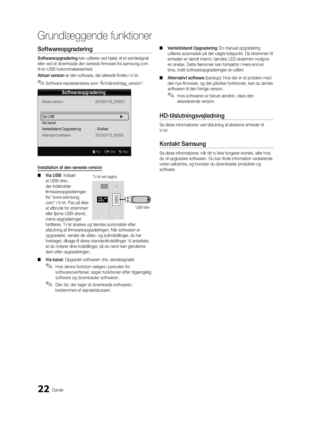 Samsung UE22C4015PWXXE, UE26C4000PWXZG, UE22C4000PWXZG manual Softwareopgradering, HD-tilslutningsvejledning, Kontakt Samsung 