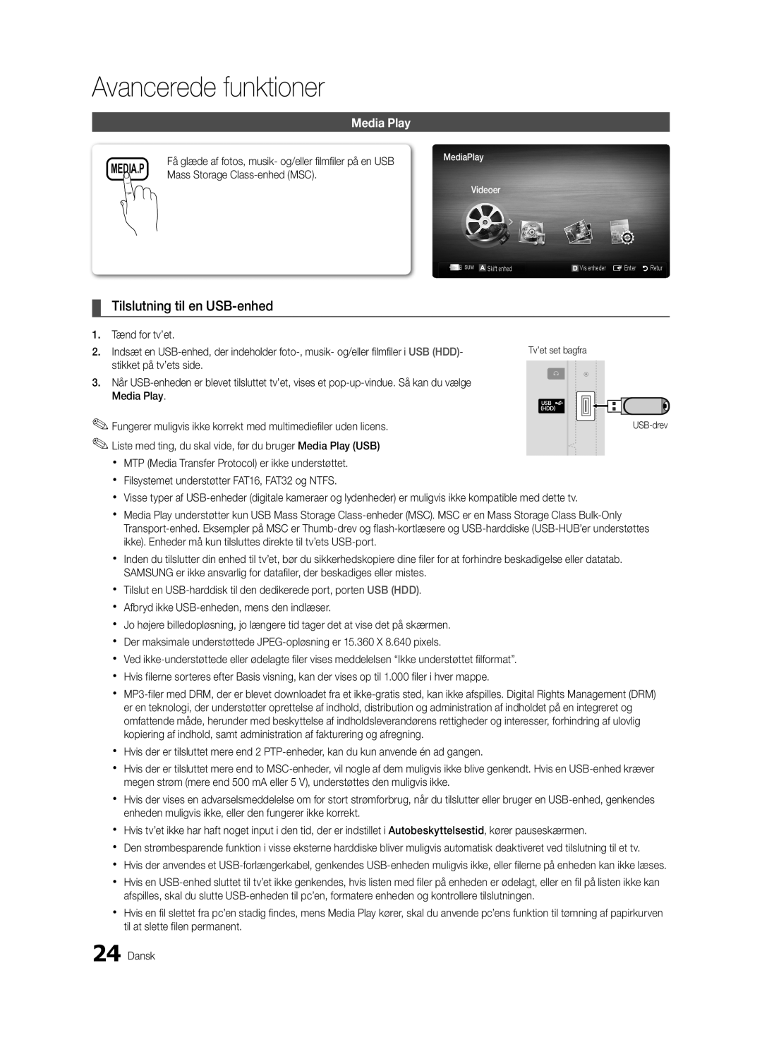 Samsung UE26C4000PWXZG manual Tilslutning til en USB-enhed, Mass Storage Class-enhed MSC, Tv’et set bagfra, USB-drev 