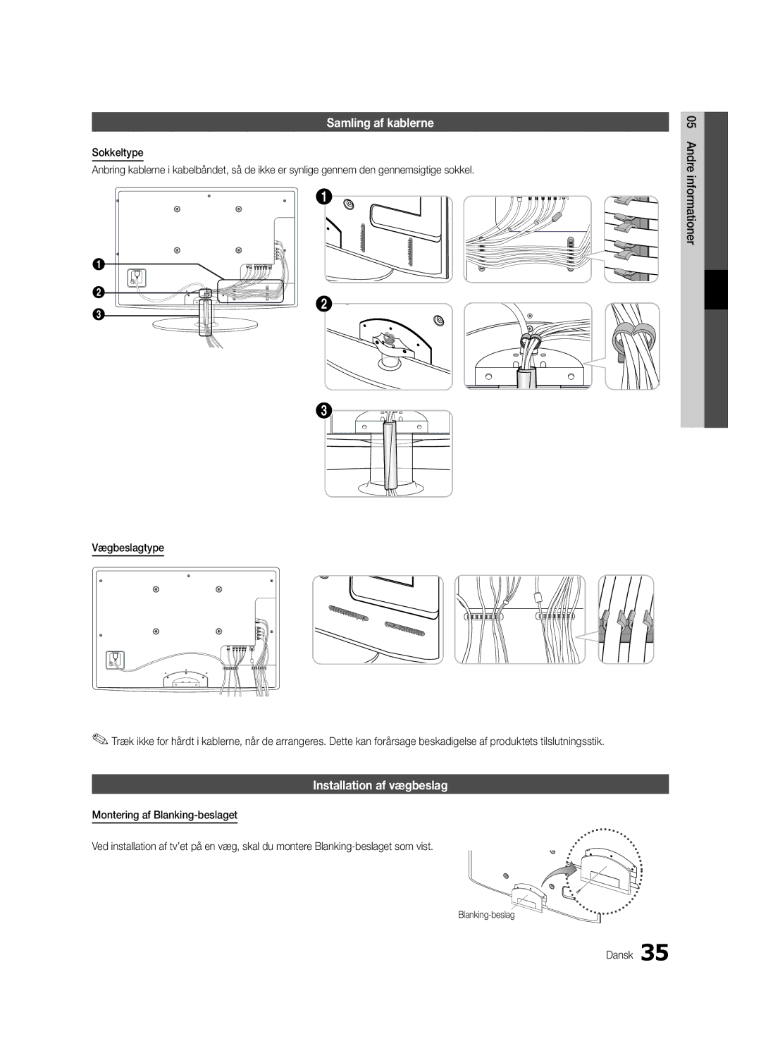 Samsung UE22C4010PWXZG, UE26C4000PWXZG, UE22C4000PWXZG, UE26C4000PWXXC manual Samling af kablerne, Installation af vægbeslag 