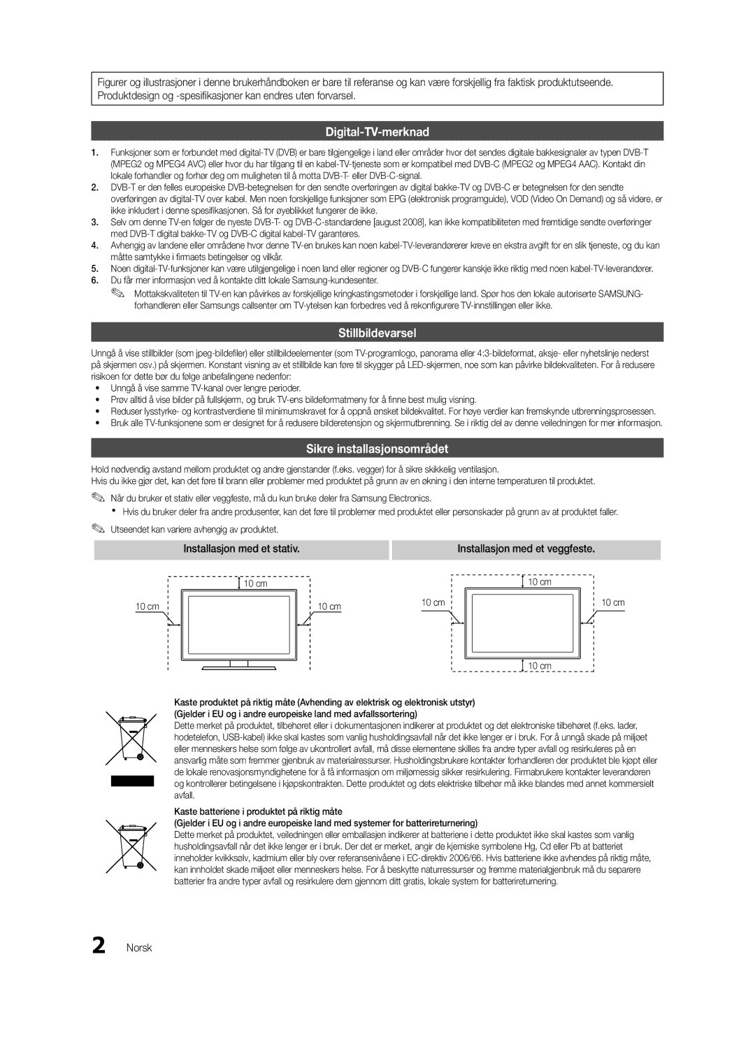 Samsung UE22C4010PWXZG, UE26C4000PWXZG, UE22C4000PWXZG manual Installasjon med et stativ Installasjon med et veggfeste, Norsk 