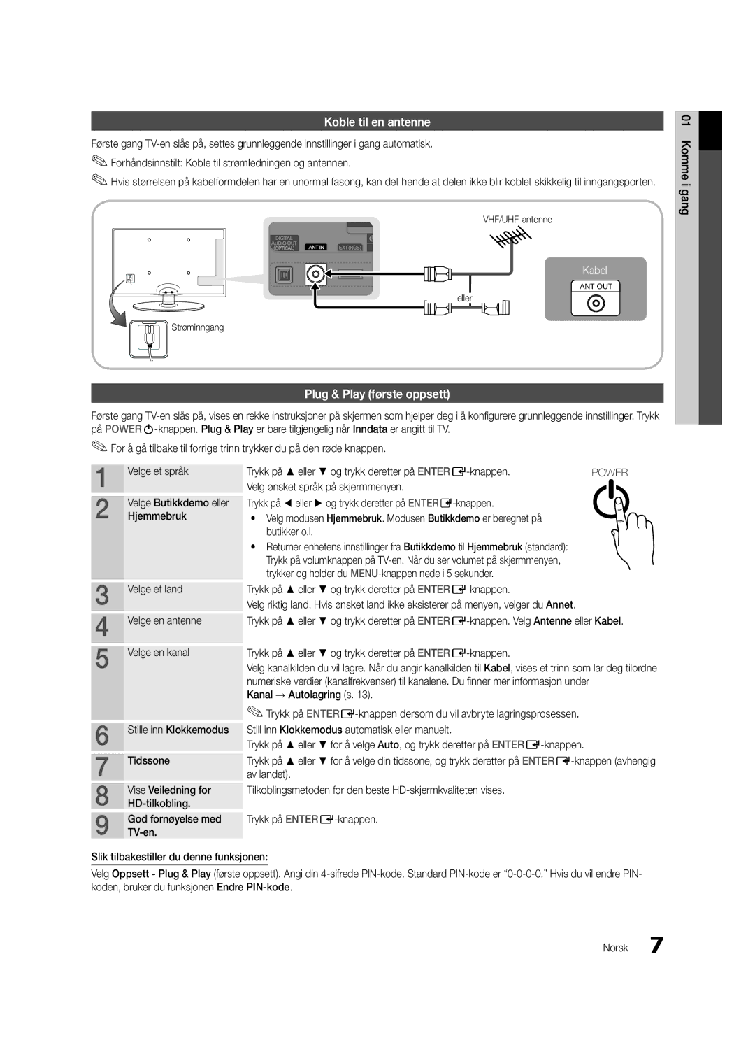 Samsung UE22C4015PWXXE, UE26C4000PWXZG, UE22C4000PWXZG, UE22C4010PWXZG manual Koble til en antenne, Plug & Play første oppsett 