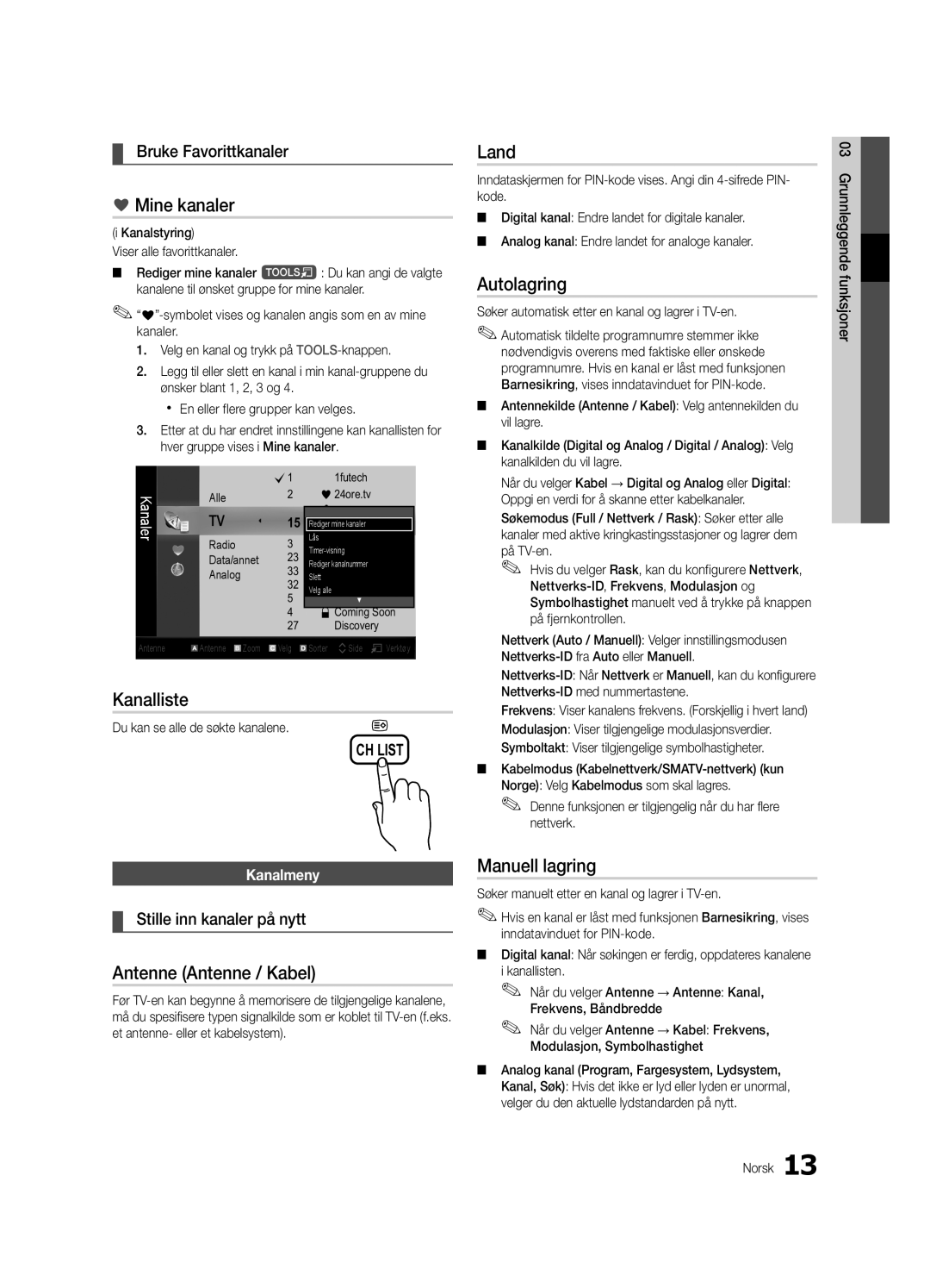 Samsung UE22C4000PWXXH, UE26C4000PWXZG manual Antenne Antenne / Kabel, Bruke Favorittkanaler, Stille inn kanaler på nytt 