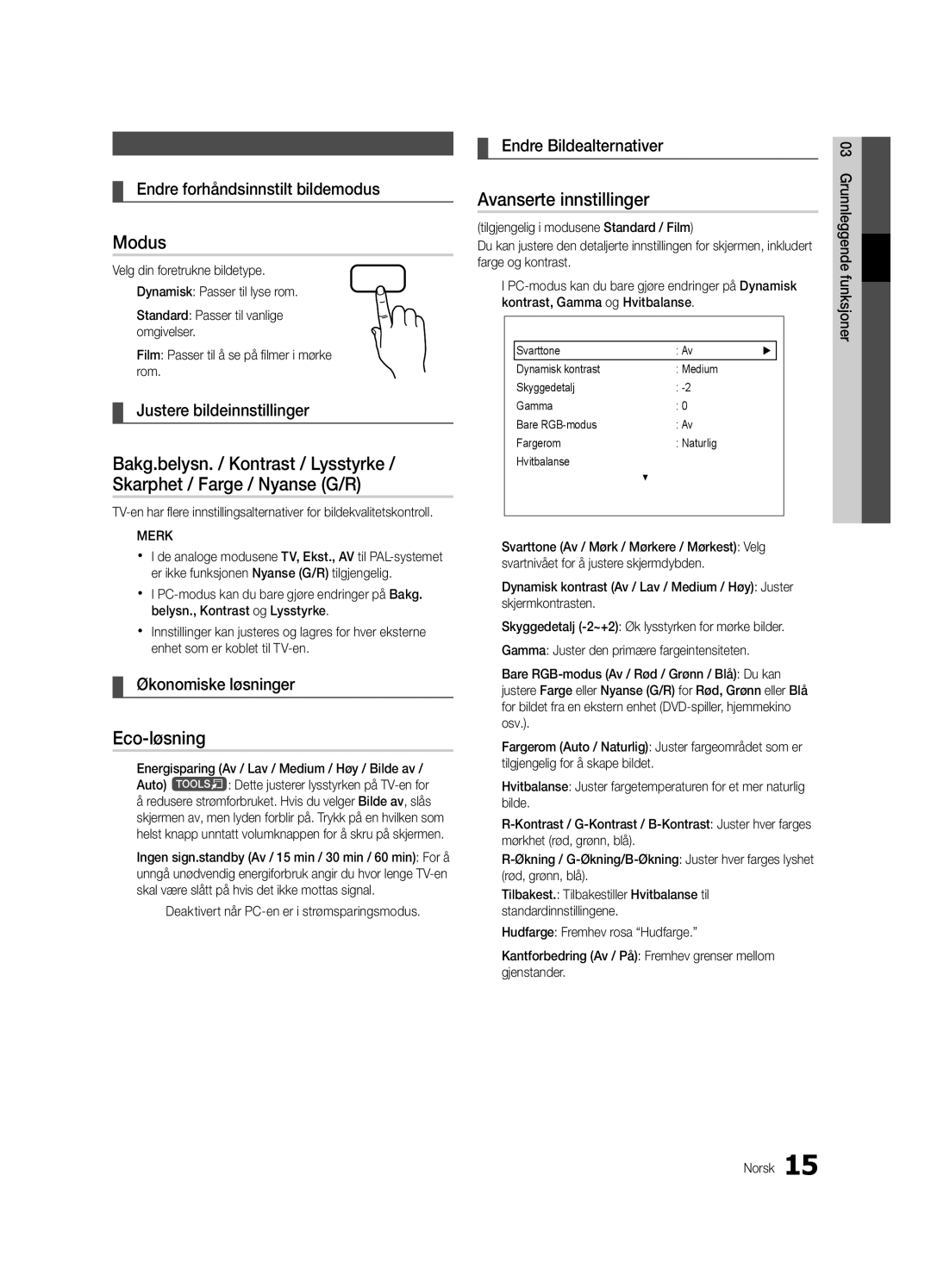 Samsung UE26C4005PWXXE, UE26C4000PWXZG, UE22C4000PWXZG, UE22C4010PWXZG manual Modus, Eco-løsning, Avanserte innstillinger 