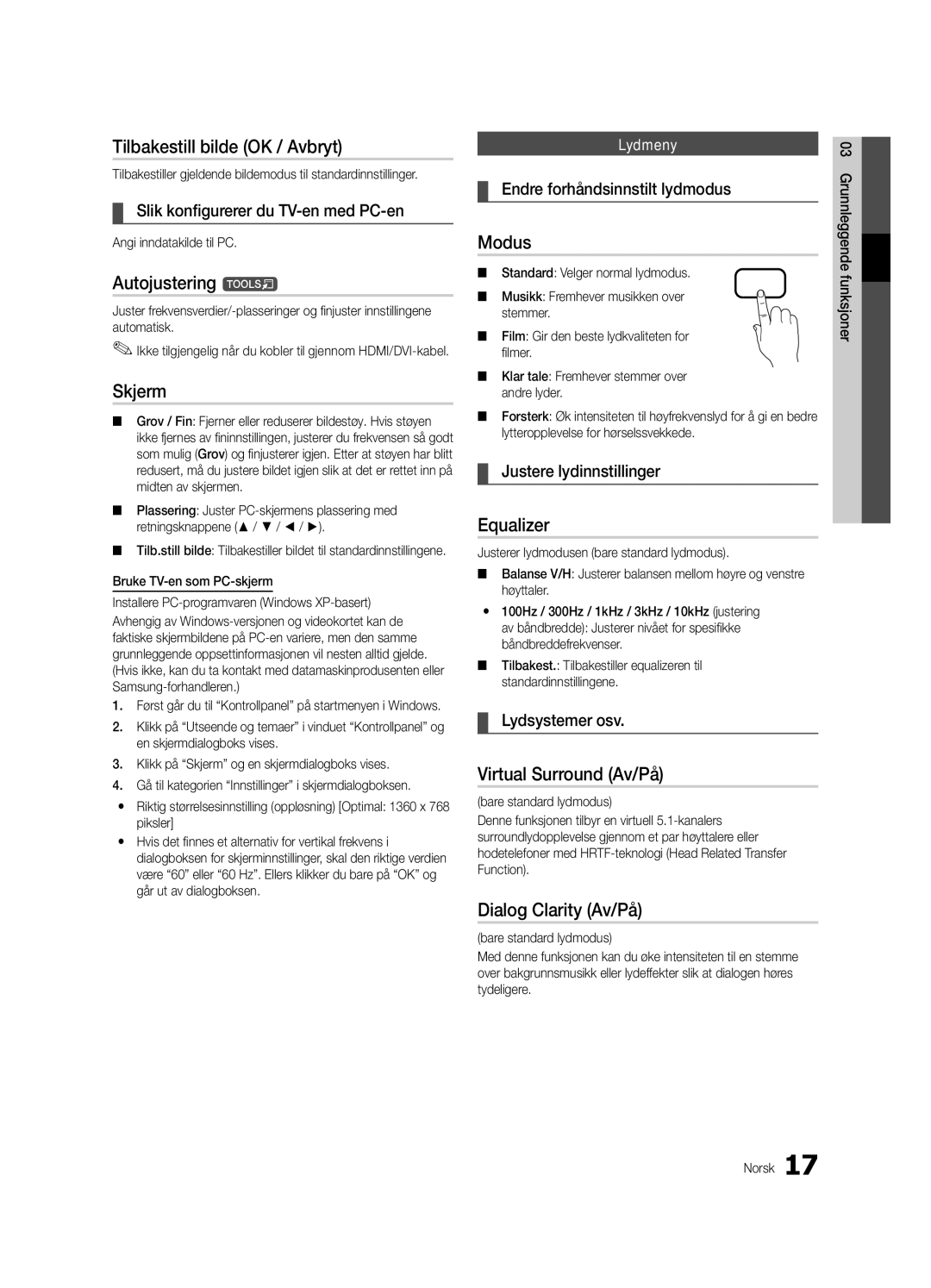 Samsung UE22C4005PWXXE manual Tilbakestill bilde OK / Avbryt, Skjerm, Virtual Surround Av/På, Dialog Clarity Av/På 