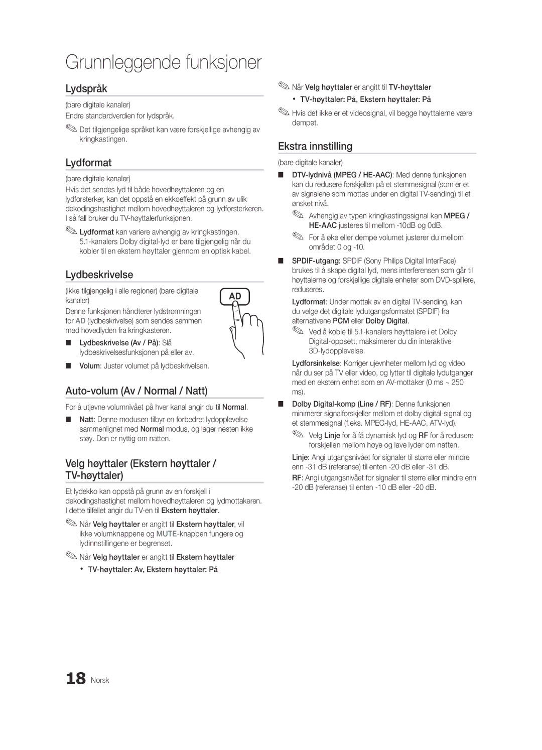 Samsung UE26C4000PWXZG manual Lydspråk, Auto-volum Av / Normal / Natt, Velg høyttaler Ekstern høyttaler / TV-høyttaler 