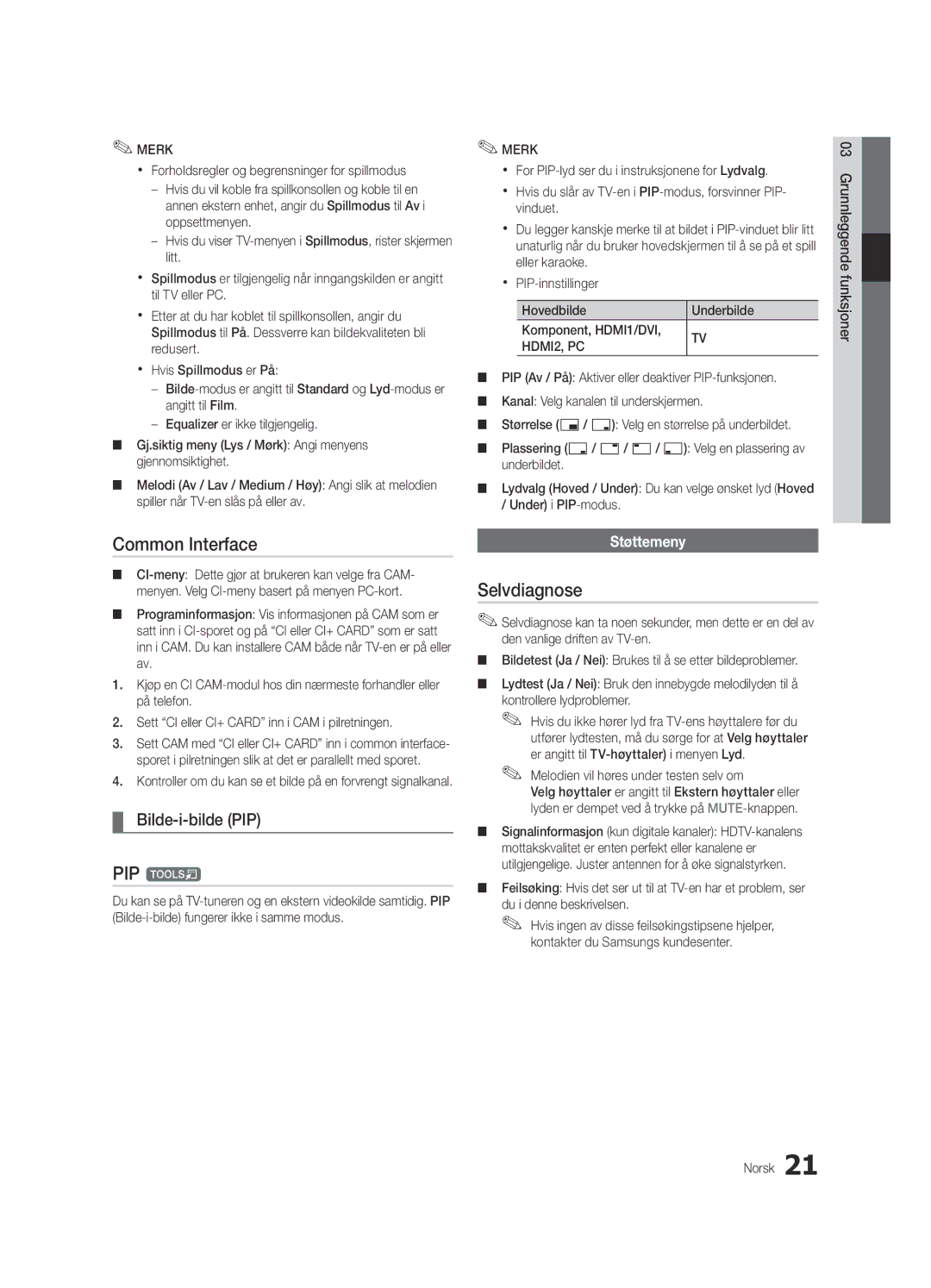 Samsung UE26C4000PWXXC, UE26C4000PWXZG manual Bilde-i-bilde PIP, Støttemeny, Melodien vil høres under testen selv om 