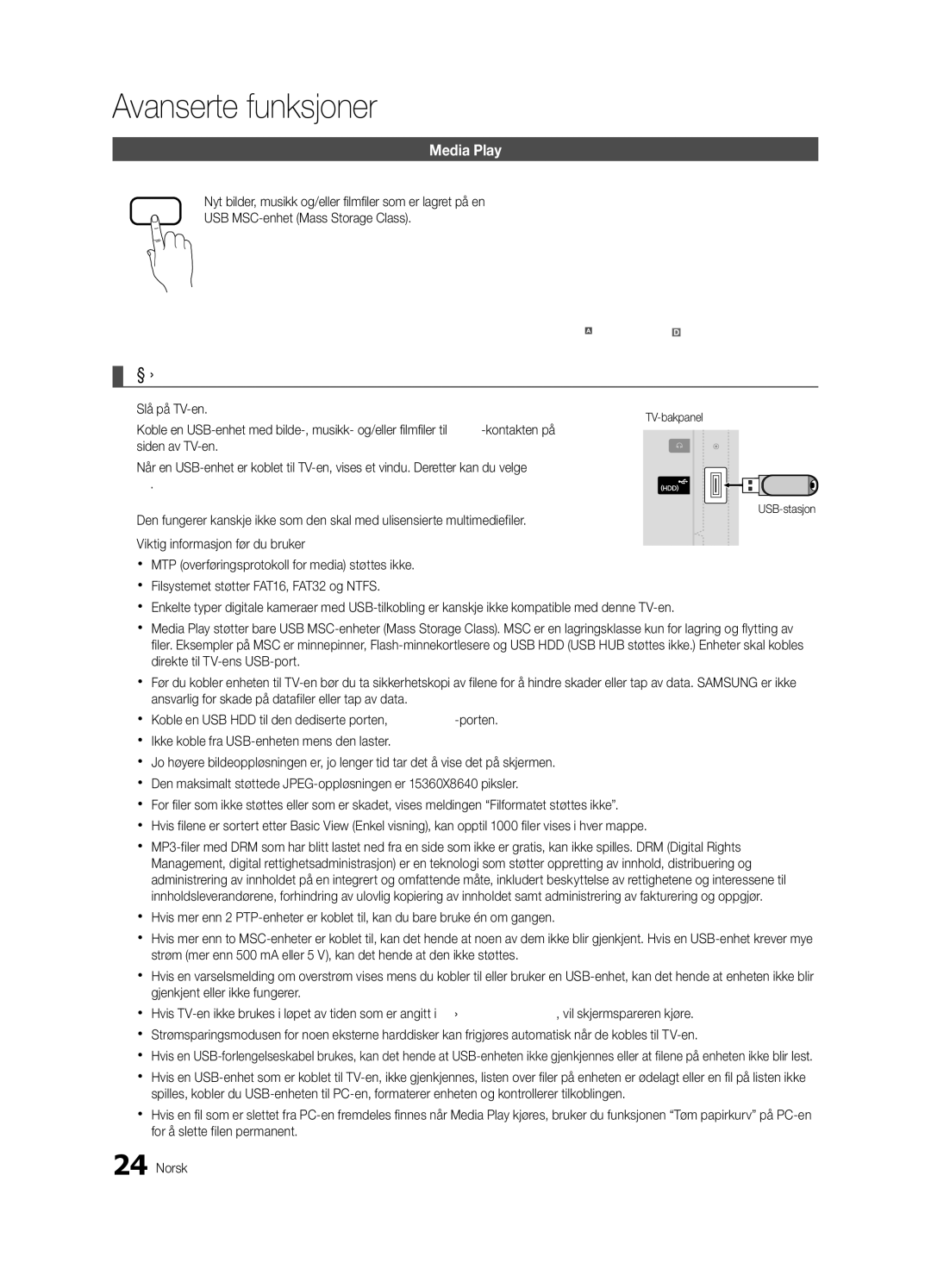 Samsung UE26C4005PWXXE Koble til en USB-enhet, Nyt bilder, musikk og/eller fi lmfi ler som er lagret på en, TV-bakpanel 