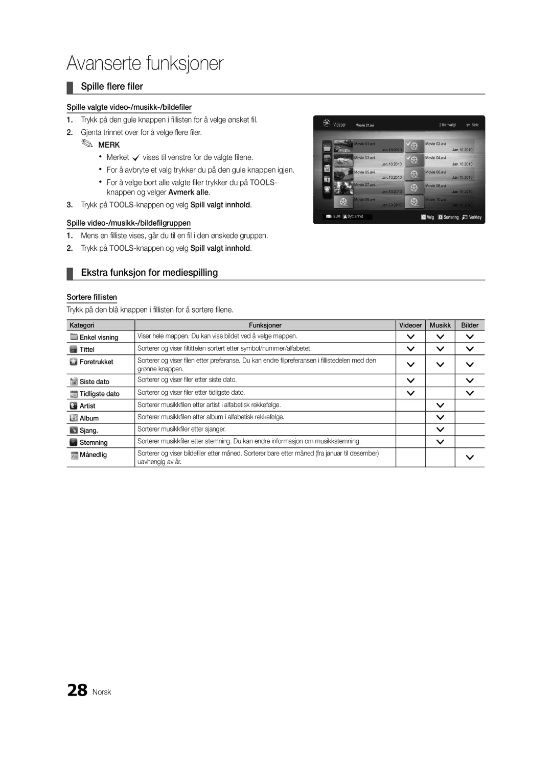 Samsung UE22C4000PWXZG manual Spille flere filer, Ekstra funksjon for mediespilling, Grønne knappen, Uavhengig av år 