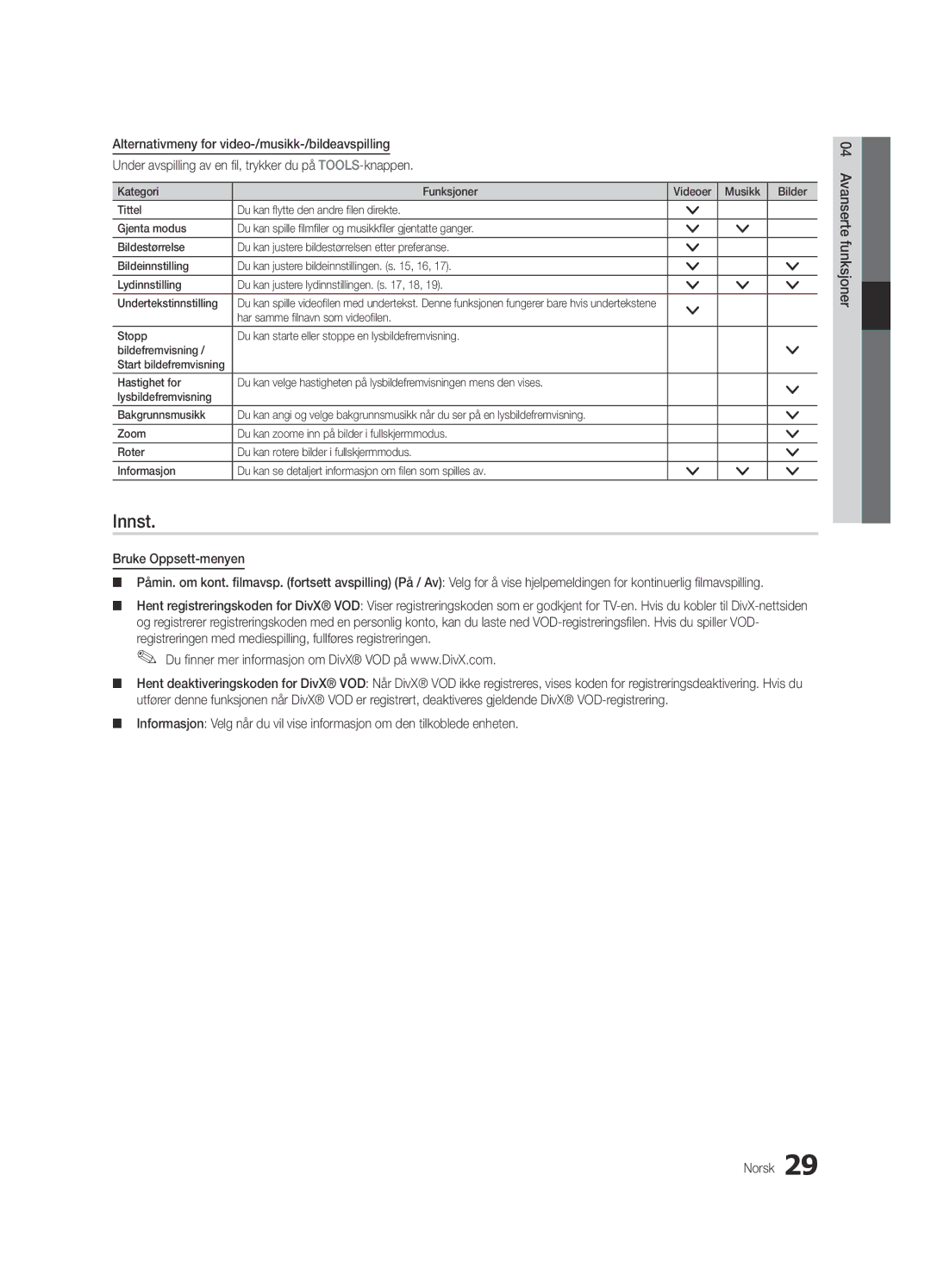 Samsung UE22C4010PWXZG, UE26C4000PWXZG, UE22C4000PWXZG, UE26C4000PWXXC, UE22C4000PWXXH manual Innst, Bruke Oppsett-menyen 