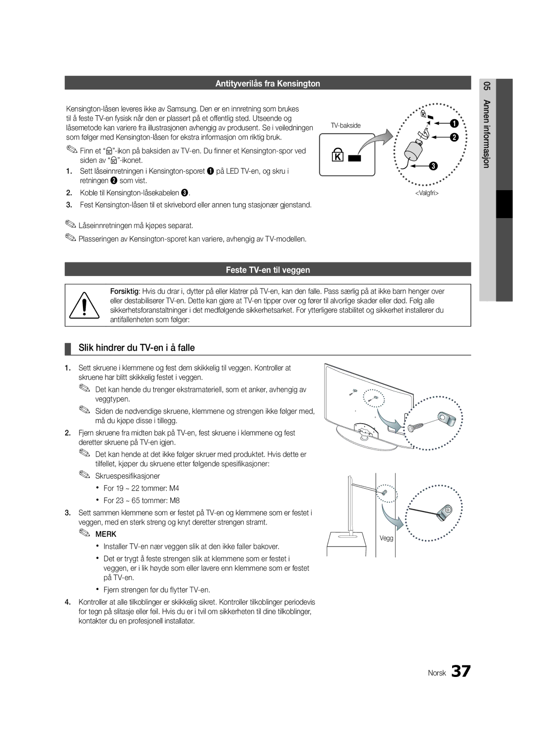 Samsung UE22C4000PWXZG manual Slik hindrer du TV-en i å falle, Antityverilås fra Kensington, Feste TV-en til veggen 