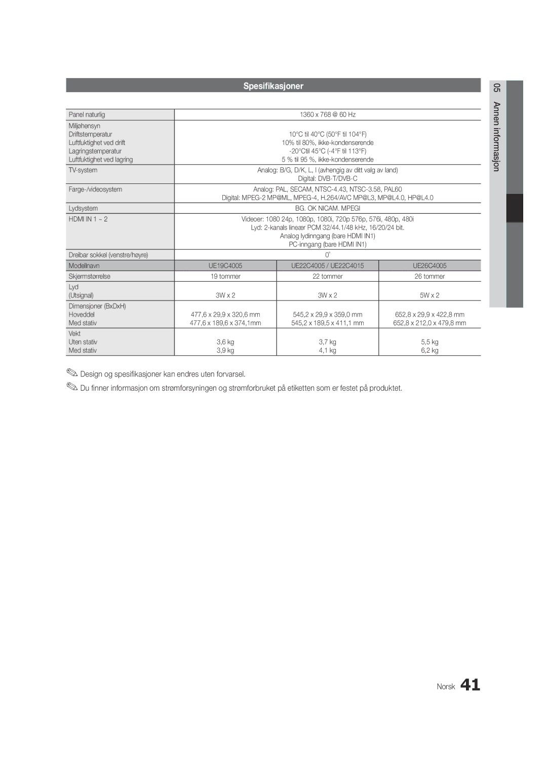 Samsung UE26C4000PWXXH, UE26C4000PWXZG, UE22C4000PWXZG, UE22C4010PWXZG, UE26C4000PWXXC, UE22C4000PWXXH manual Spesifikasjoner 