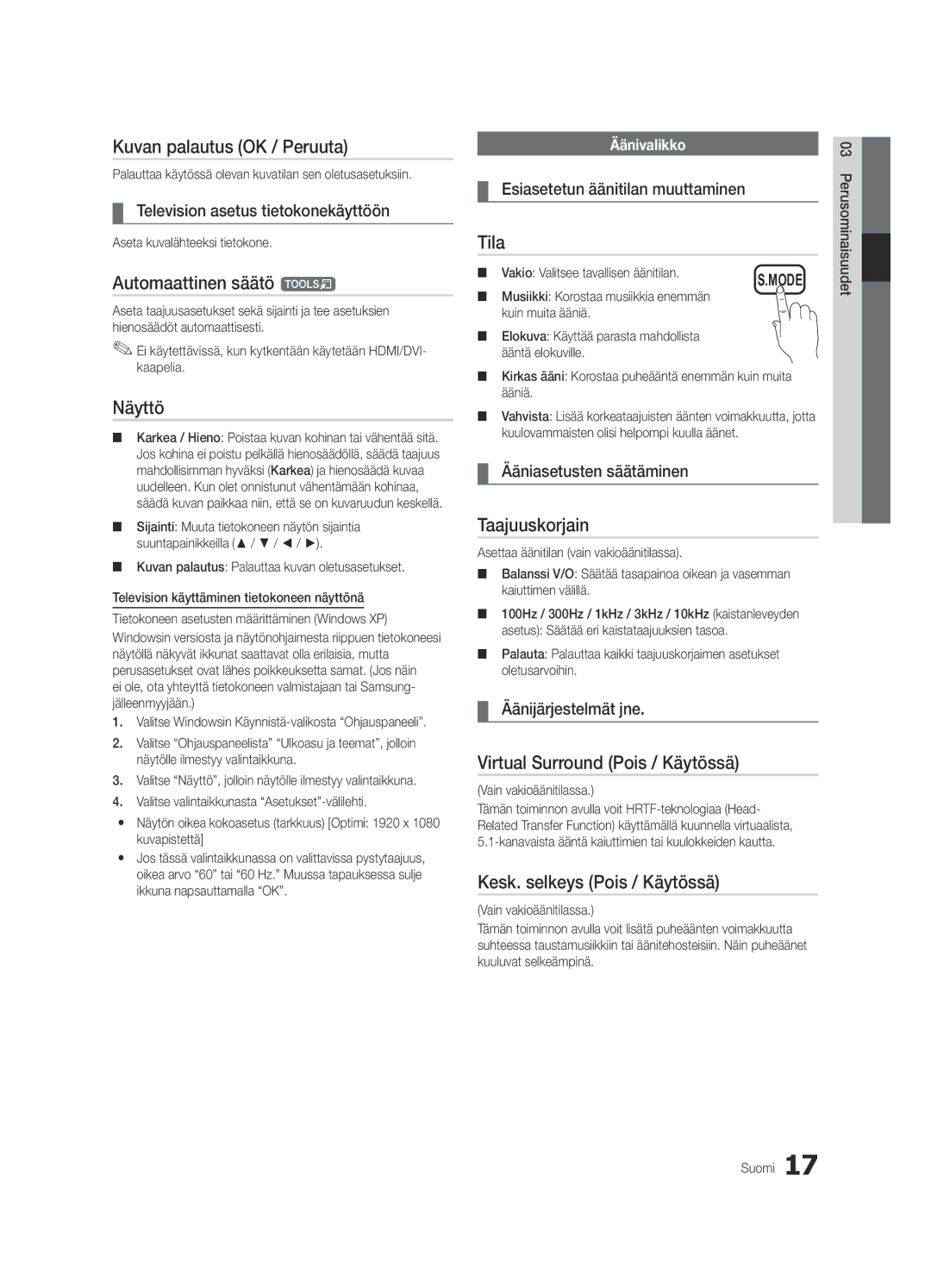 Samsung UE26C4000PWXXH, UE26C4000PWXZG manual Kuvan palautus OK / Peruuta, Automaattinen säätö t, Näyttö, Taajuuskorjain 