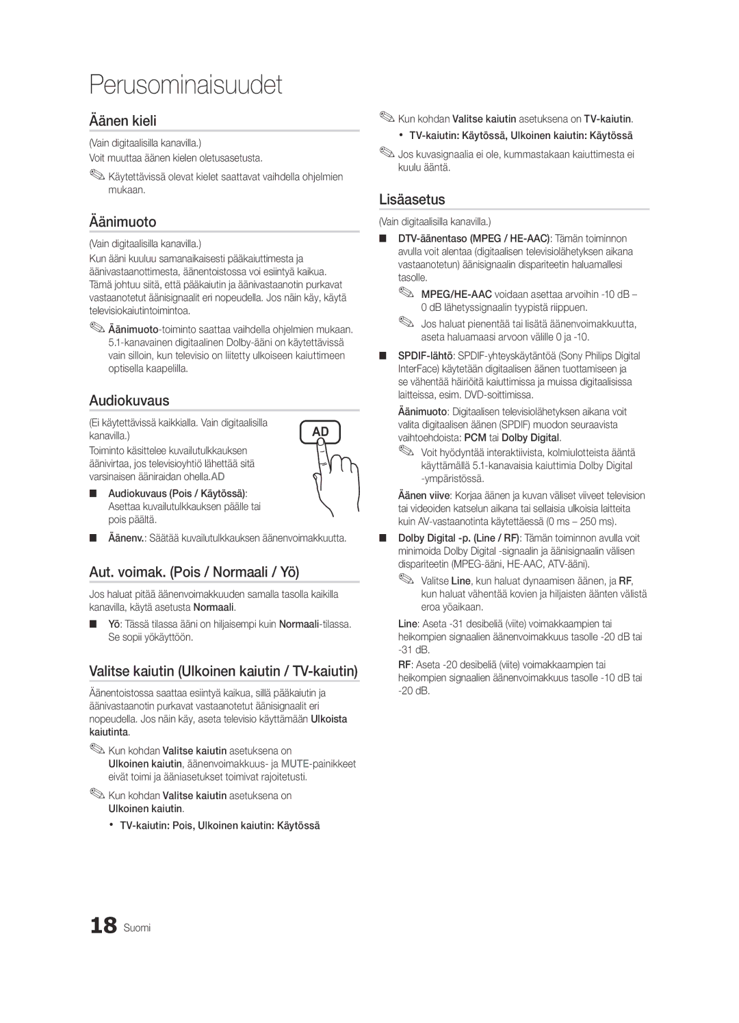 Samsung UE26C4005PWXXE, UE26C4000PWXZG Äänen kieli, Äänimuoto, Audiokuvaus, Aut. voimak. Pois / Normaali / Yö, Lisäasetus 